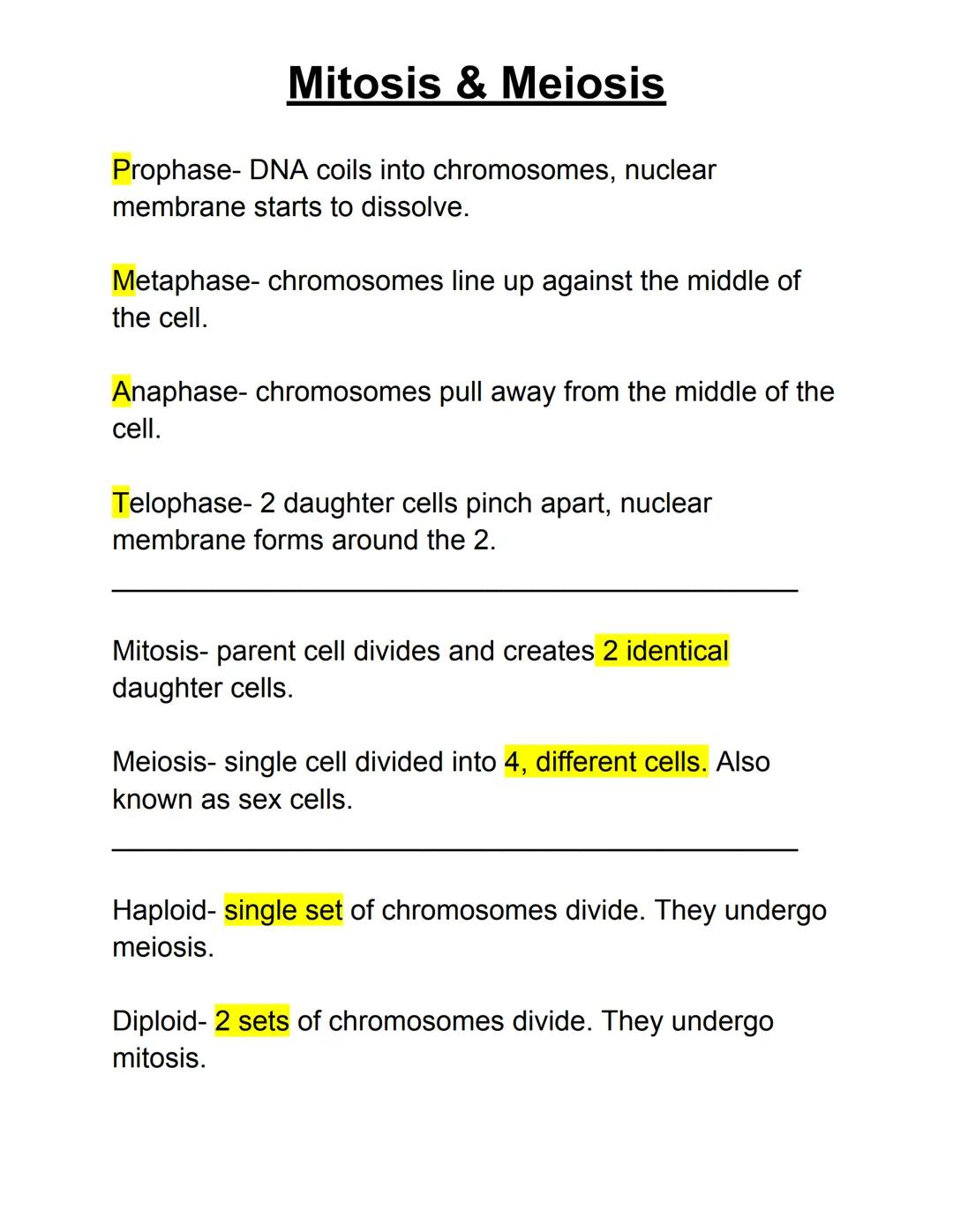 # Mitosis & Meiosis

Prophase- DNA coils into chromosomes, nuclear
membrane starts to dissolve.

Metaphase- chromosomes line up against the 