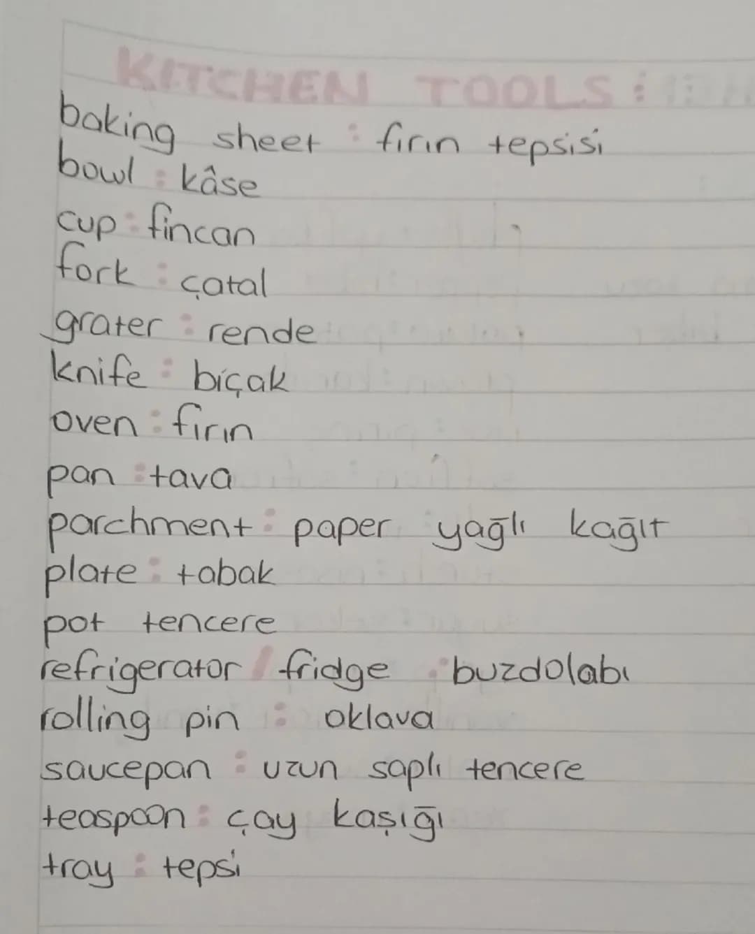 IN THE KITCHEN

INGREDIENTS:
apricot kayısı
baking powder kabartma tozu
bell
pepper dolmalık biber
batter pasta hamuru
bean: fasulye
beef bi