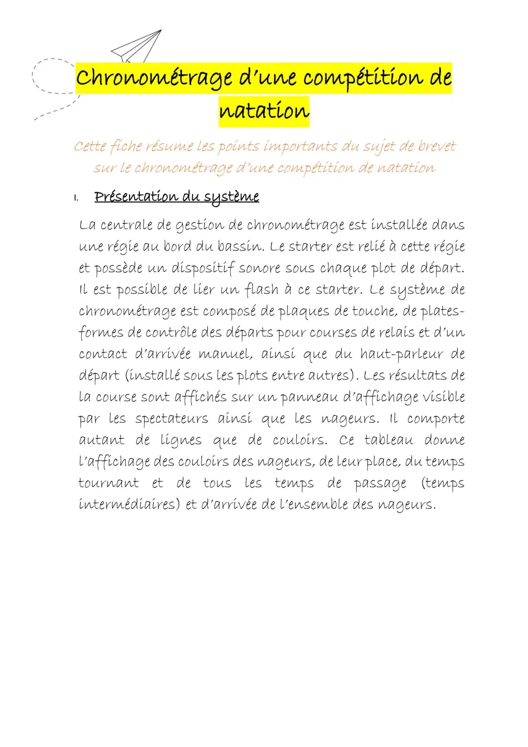 # Chronométrage d'une compétition de
natation

Cette fiche résume les points importants du sujet de brevet
sur le chronométrage d'une compét