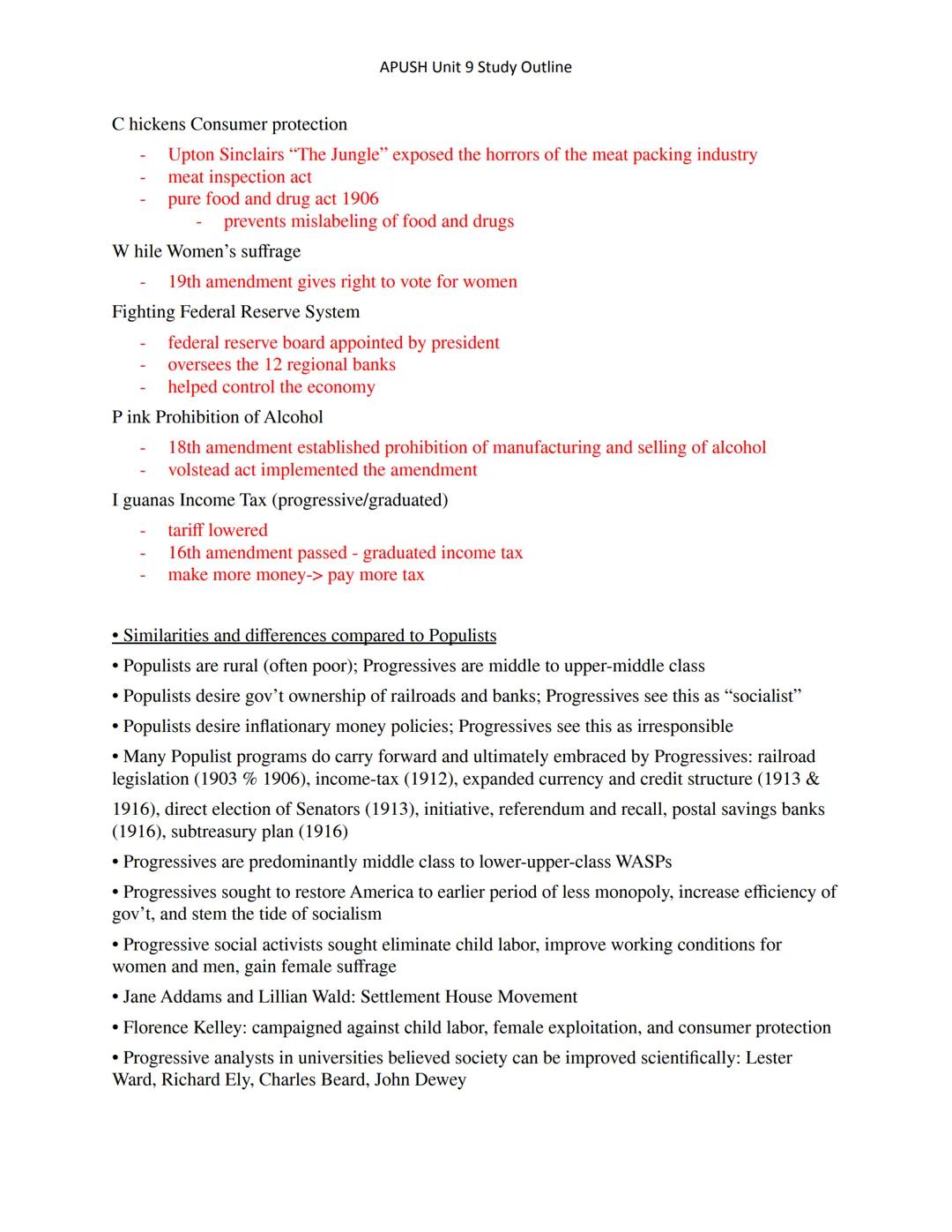 h
GROUP 1
APUSH Unit 9 Study Outline
Progressive Movement:
- change/fix problems of the gilded age
- improve the evils of the gilded age

S 