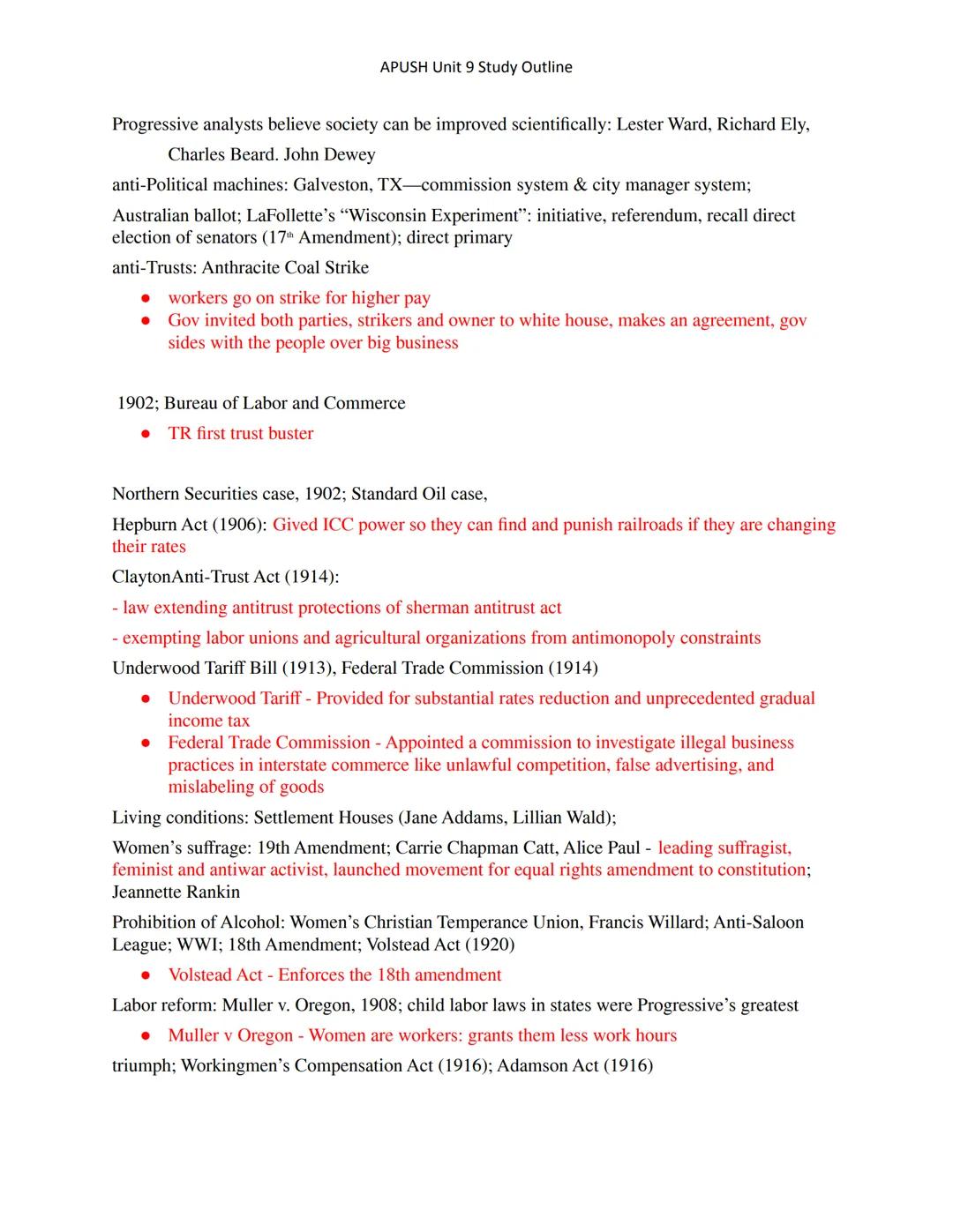 h
GROUP 1
APUSH Unit 9 Study Outline
Progressive Movement:
- change/fix problems of the gilded age
- improve the evils of the gilded age

S 
