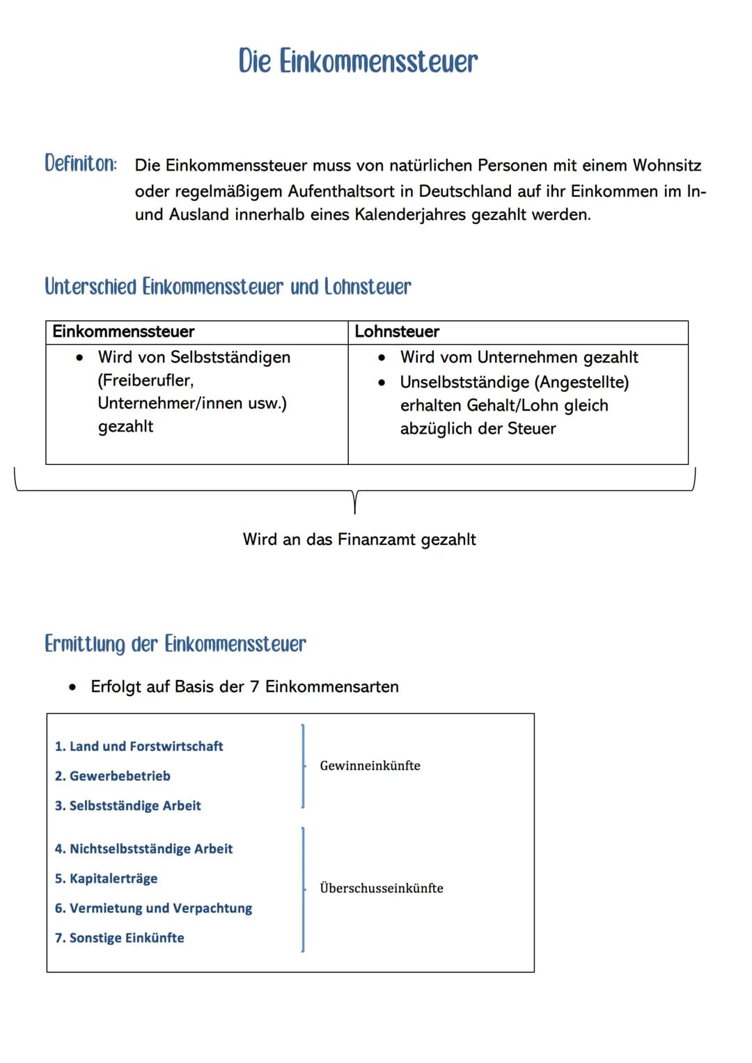 # Die Einkommenssteuer

Definiton: Die Einkommenssteuer muss von natürlichen Personen mit einem Wohnsitz
oder regelmäßigem Aufenthaltsort in
