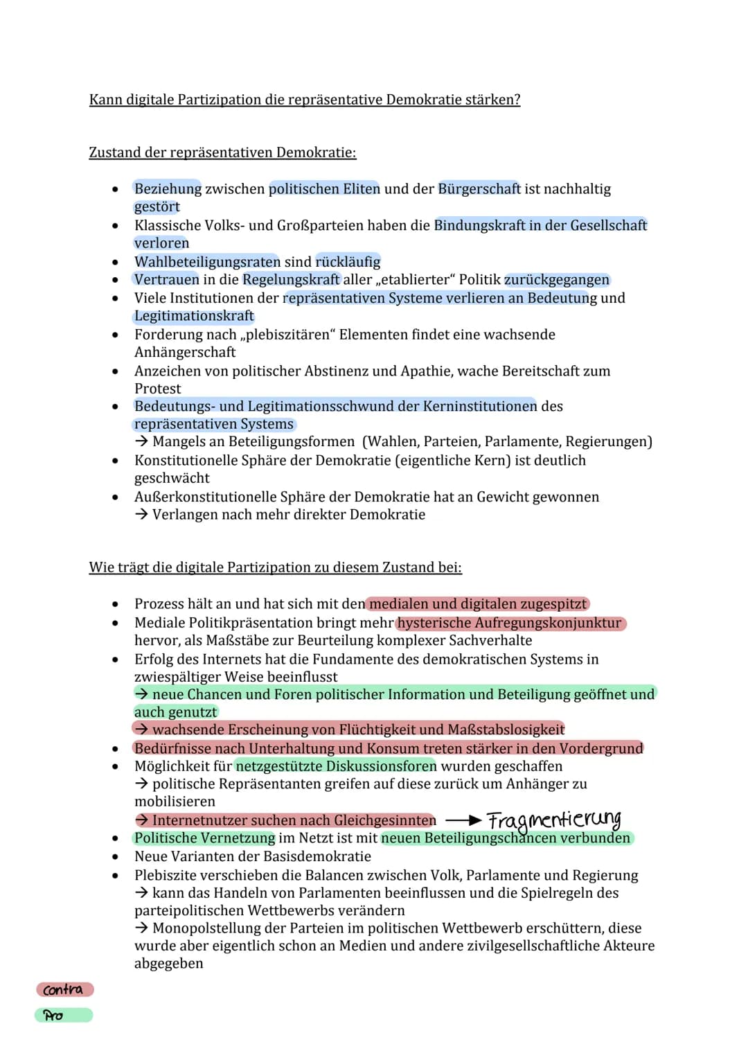 # Politik Klausur Nr. 2 Lernzettel

Funktionen von Partizipation:

Artikulation

*   Erhalten die Bürger die Möglichkeit, ihre Interessen öf