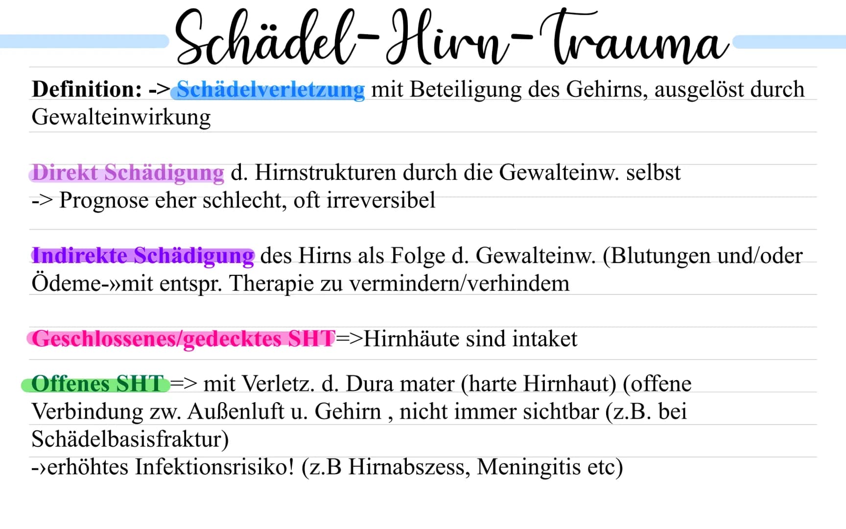 # Schädel-Hirn-trauma

Definition: -> Schädelverletzung mit Beteiligung des Gehirns, ausgelöst durch
Gewalteinwirkung

Direkt Schädigung d. 
