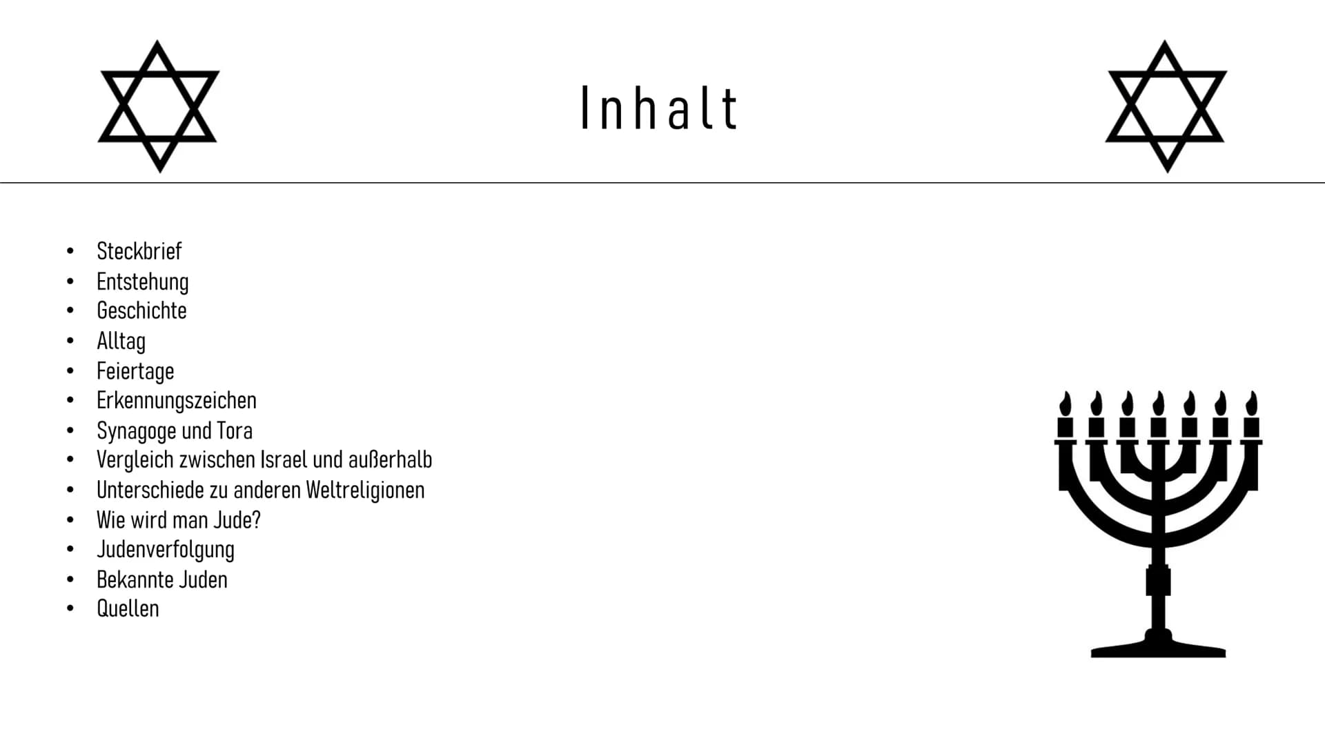 Inhalt

• Steckbrief
• Entstehung
• Geschichte
• Alltag
• Feiertage
• Erkennungszeichen
• Synagoge und Tora
• Vergleich zwischen Israel und 