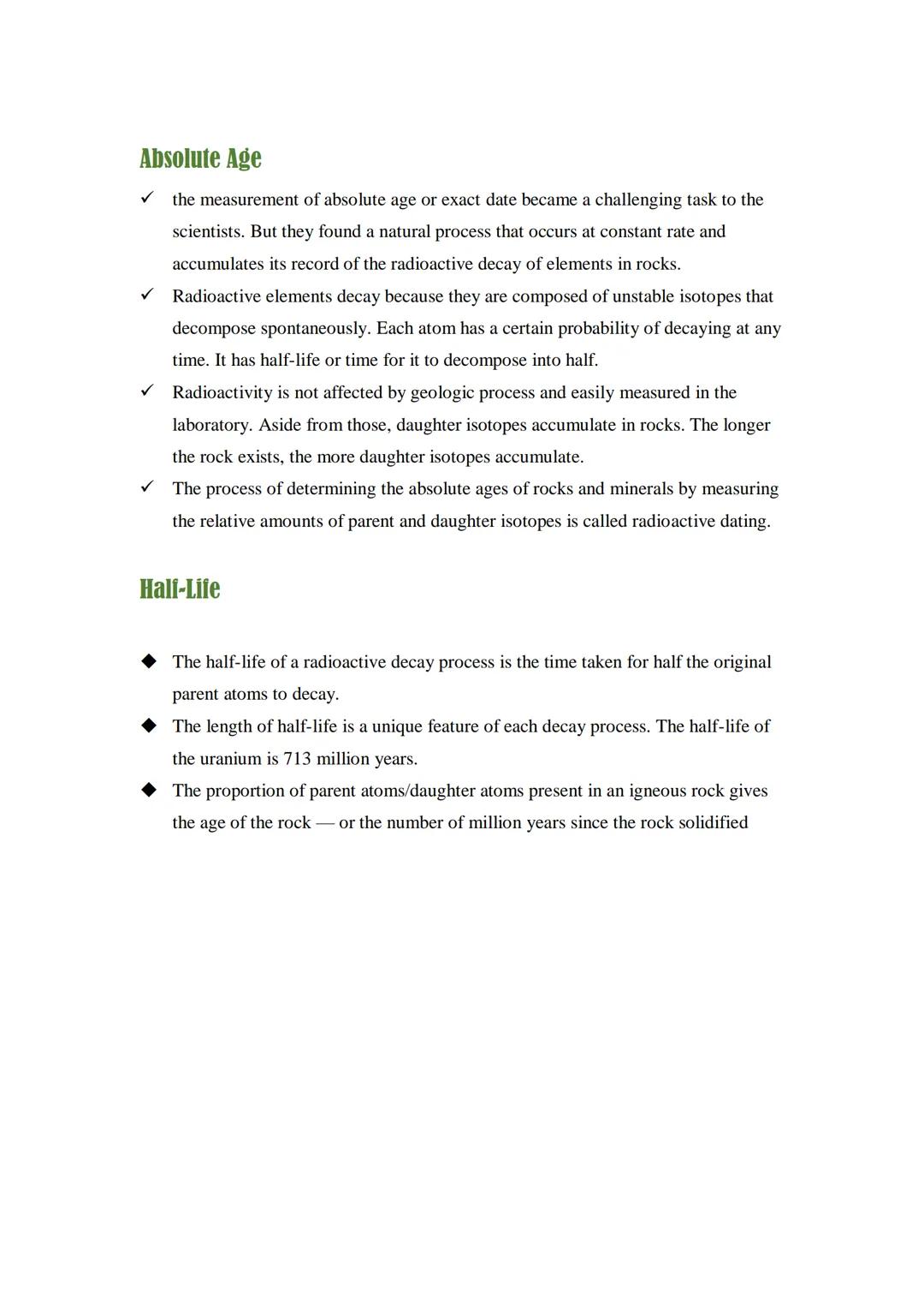 # Relative and Absolute Dating

• Geologists find ways on how to determine the age and traces of history from the
large number of artifacts 