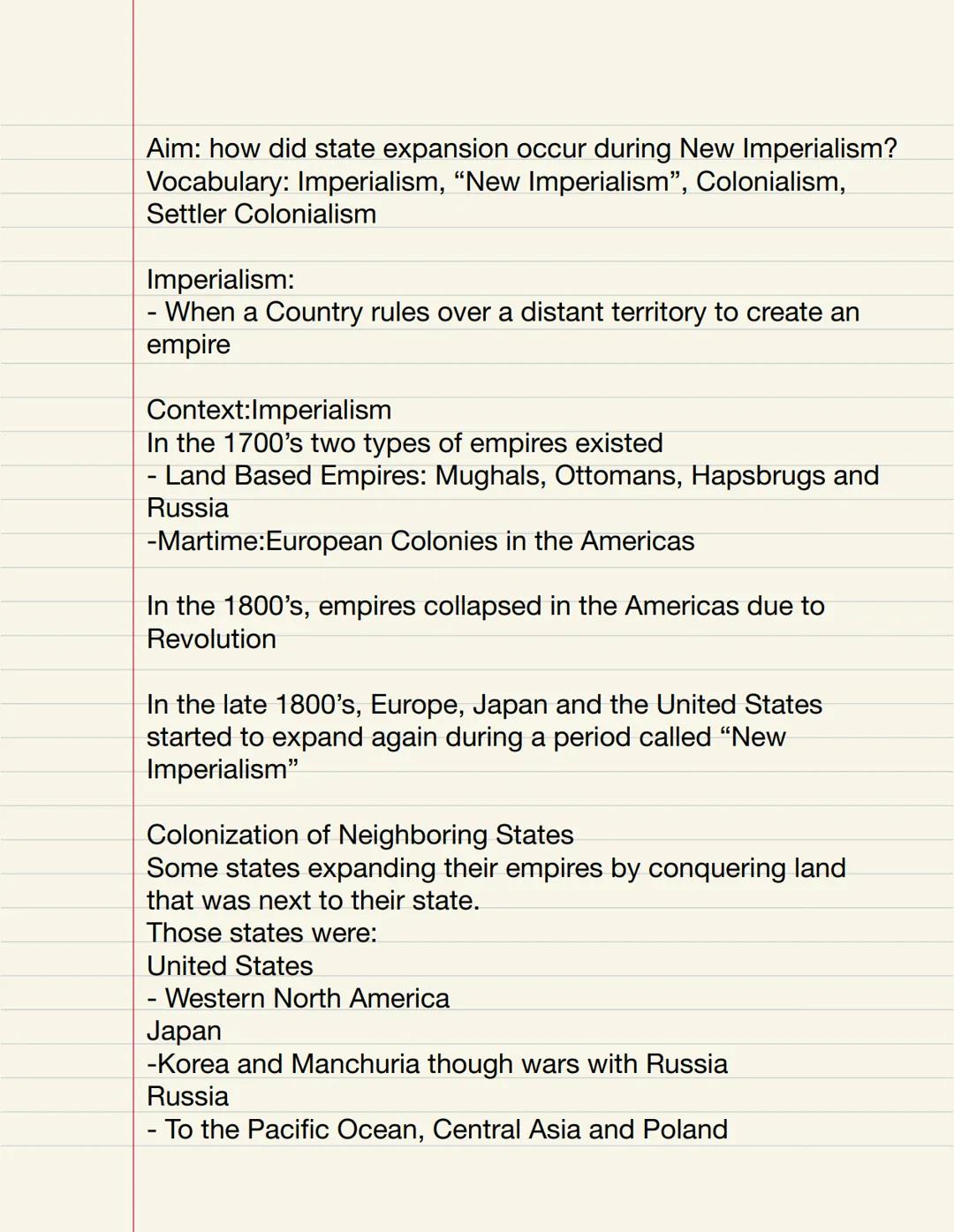 Unit 6 Aim: how did state expansion occur during New Imperialism?
Vocabulary: Imperialism, "New Imperialism", Colonialism,
Settler Coloniali