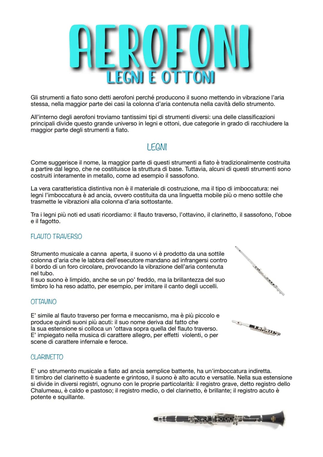 # AEROFONI

## LEGNI E OTTONI

Gli strumenti a fiato sono detti aerofoni perché producono il suono mettendo in vibrazione l'aria
stessa, nel