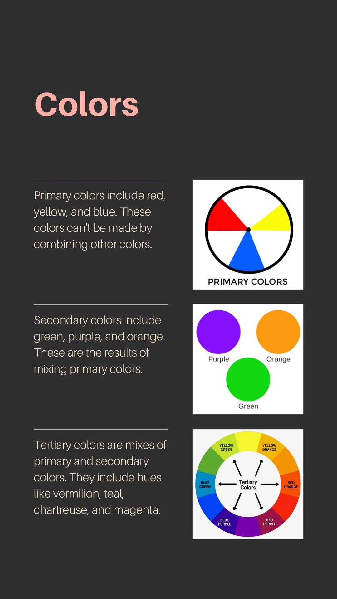 # Color
# Theory # Colors

Primary colors include red,
yellow, and blue. These
colors can't be made by
combining other colors.

Secondary co