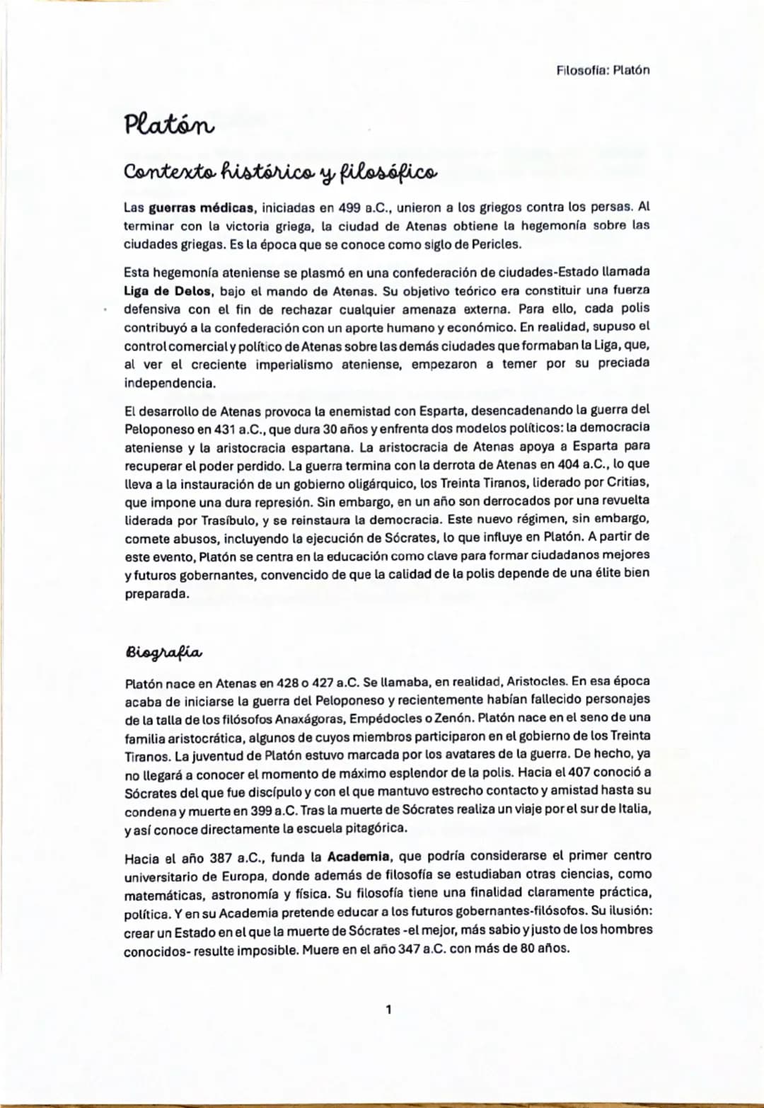 Filosofía: Platón

# Platón

## Contexto histórico y filosófico

Las guerras médicas, iniciadas en 499 a.C., unieron a los griegos contra lo