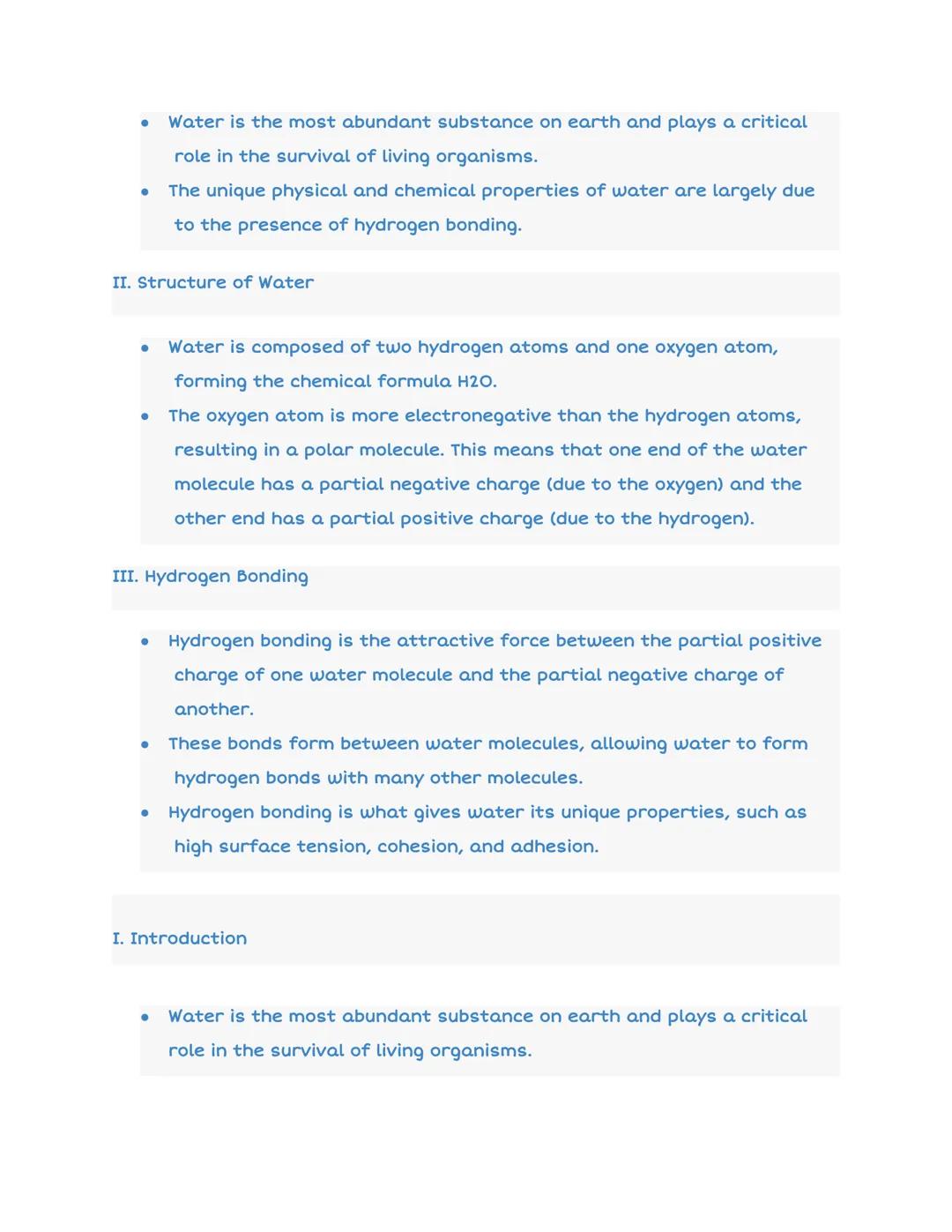 # 1.1 Structure of Water and

Hydrogen Bonding

polar covalent bond

S+ I
H

I. Introduction

δ

Η δ

Hf
H
H

St

S-

hydrogen bond

St - Wa