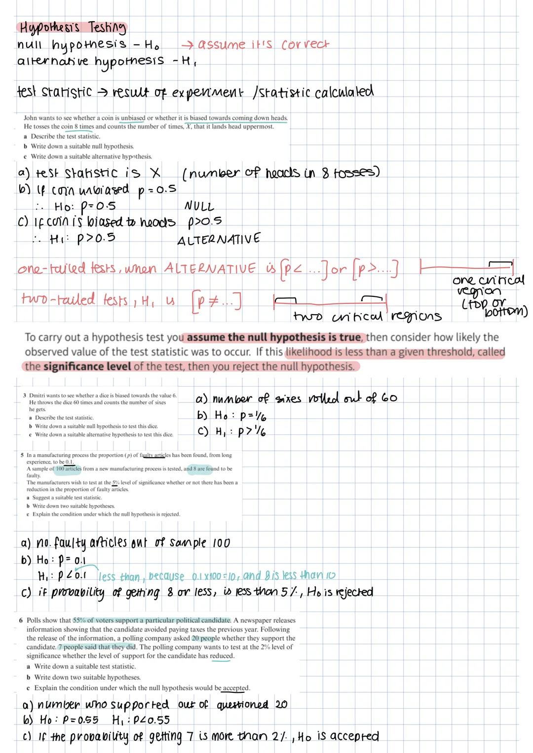 Hypothesis Testing
null hypothesis - Ho $\rightarrow$ assume it's correct
alternative hypothesis - H,

test statistic $\rightarrow$ result o