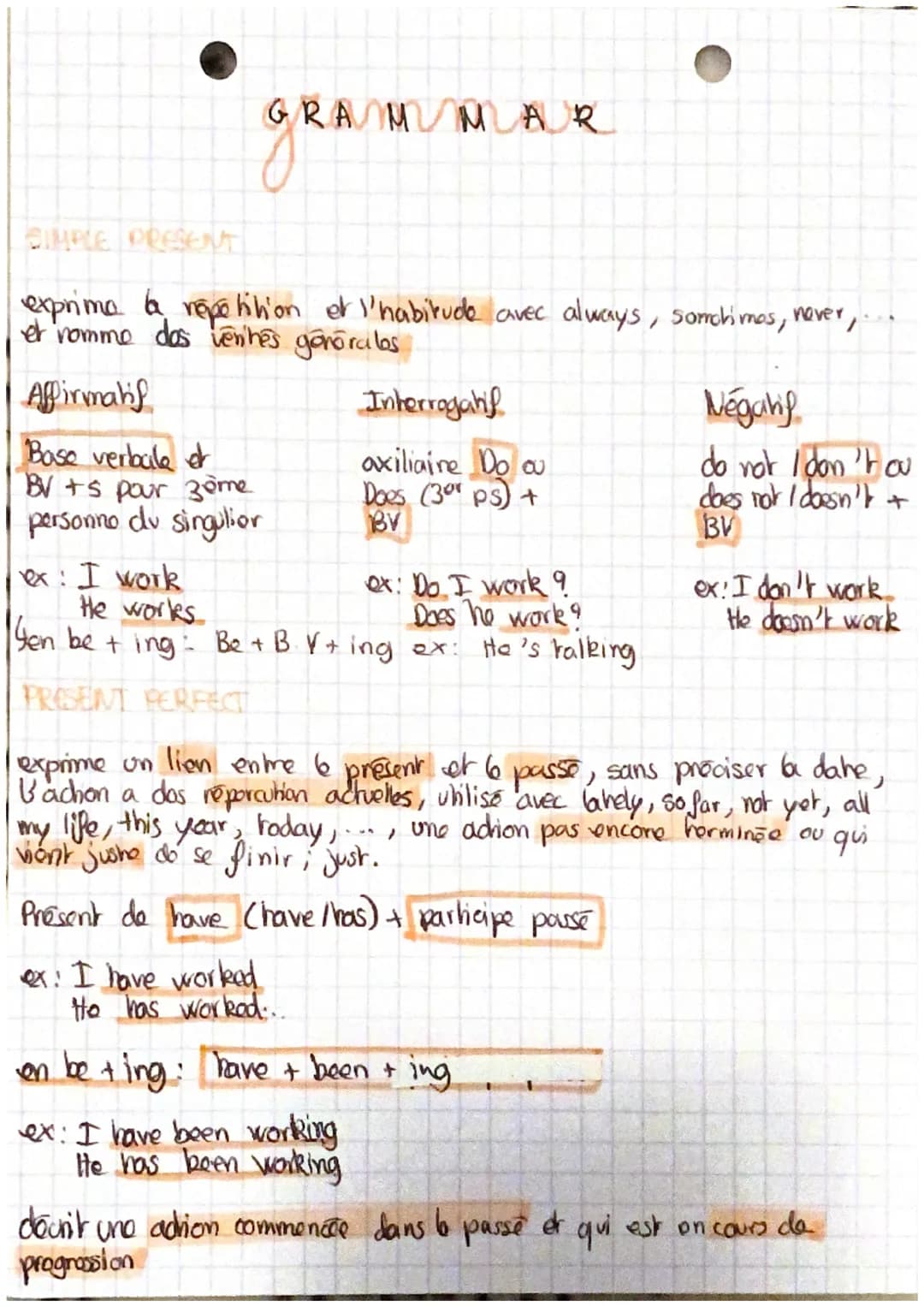 GRAMMAR

SIMPLE PRESENT

exprima la répétition et l'habitude avec always, sorrchimos, never,
et romme dos vernités gonorales

Affirmabil

Ba