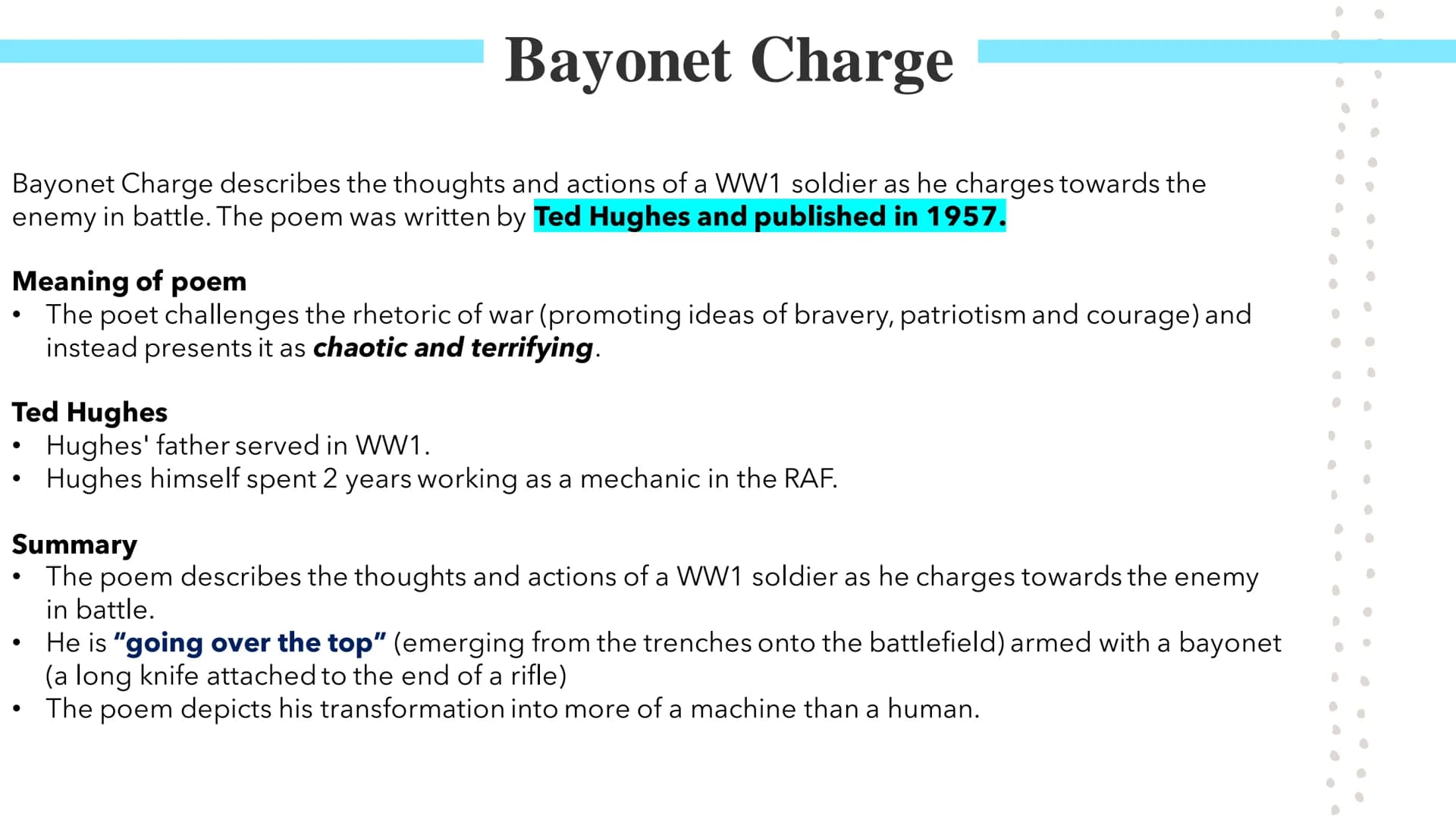 # Bayonet Charge
Poetry GCSEs # Bayonet Charge

Bayonet Charge describes the thoughts and actions of a WW1 soldier as he charges towards the