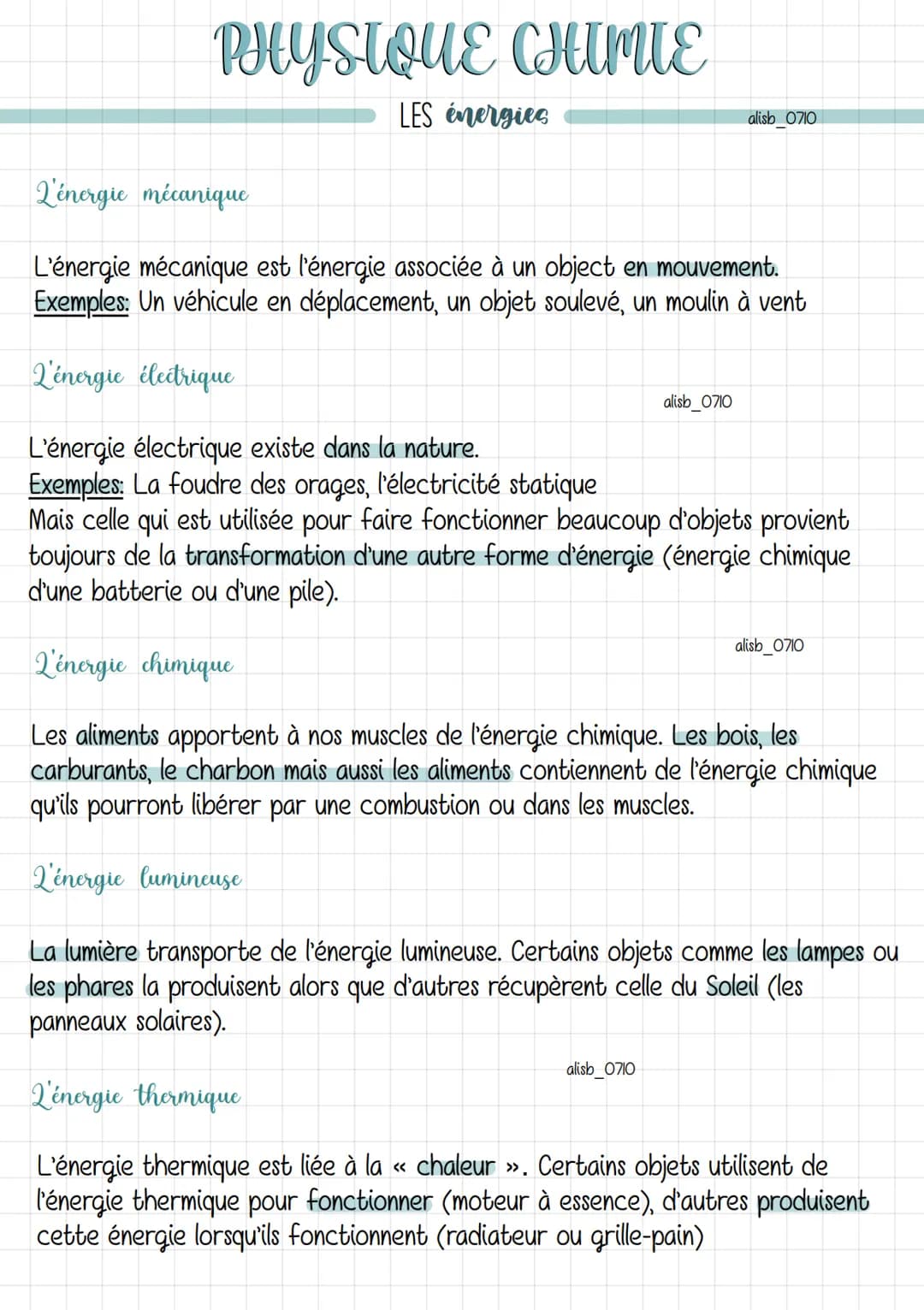 # PHYSIQUE CHIMIE

LES énergies

alisb_0710

L'énergie mécanique

L'énergie mécanique est l'énergie associée à un object en mouvement.
Exemp