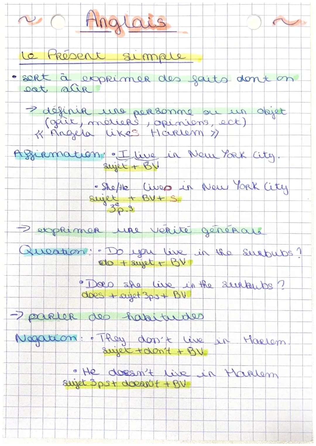 ~Anglais

Le Présent simple
• sert à exprimer des faits dont on
eat airR

> definir une personne ou un objet
(gaût, métiers, opiniens, ect)
