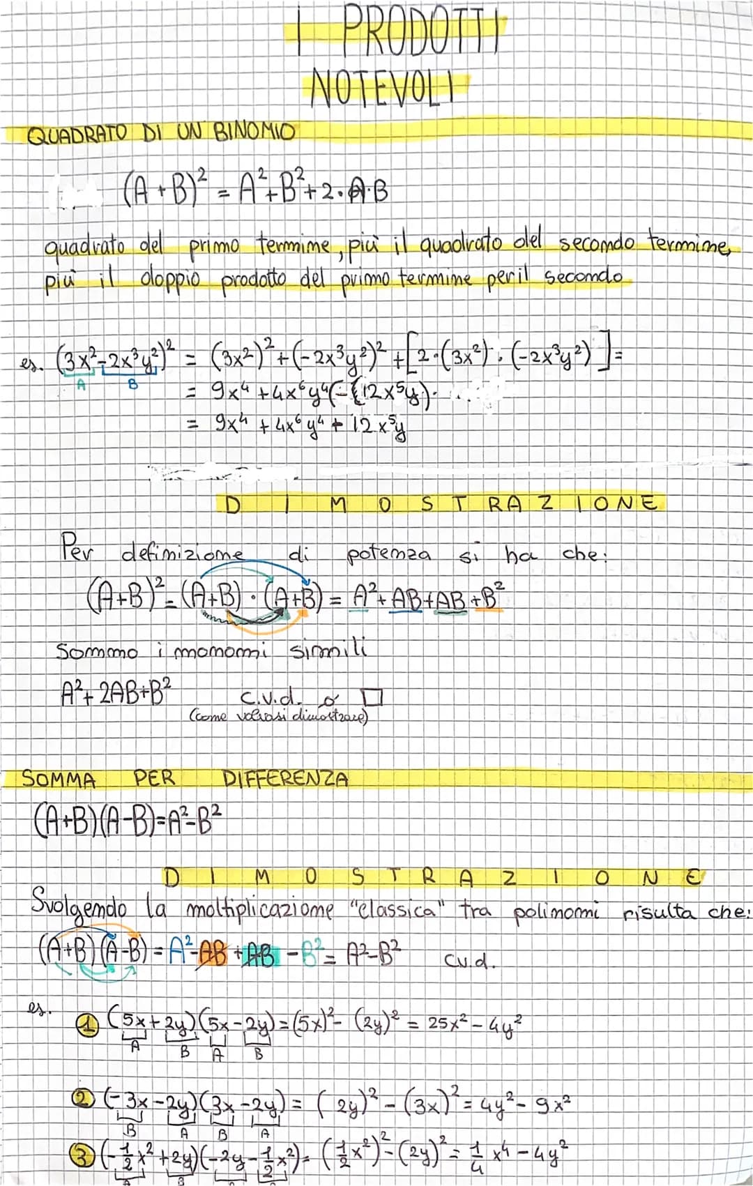 
<p>La formula per ottenere il quadrato di un binomio è la seguente:<br>(A + B)² = A² + B² + 2·A·B</p>
<p>Per ottenere il quadrato del primo