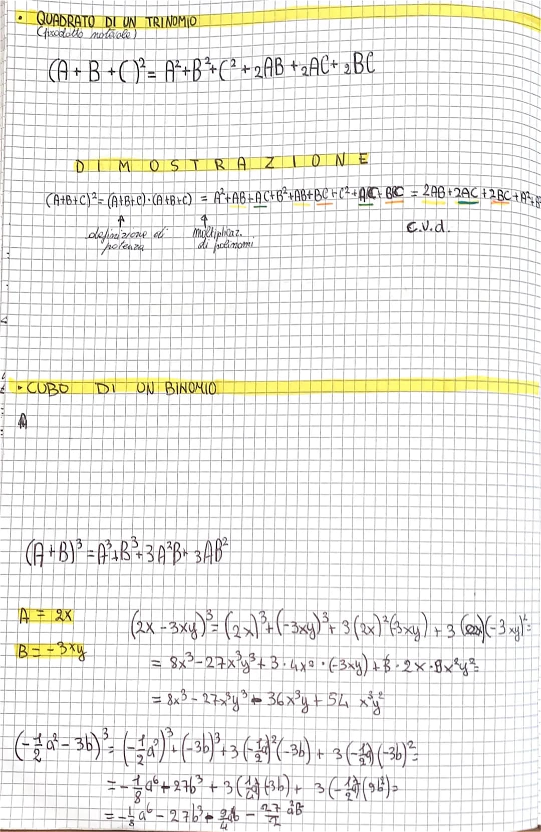 
<p>La formula per ottenere il quadrato di un binomio è la seguente:<br>(A + B)² = A² + B² + 2·A·B</p>
<p>Per ottenere il quadrato del primo