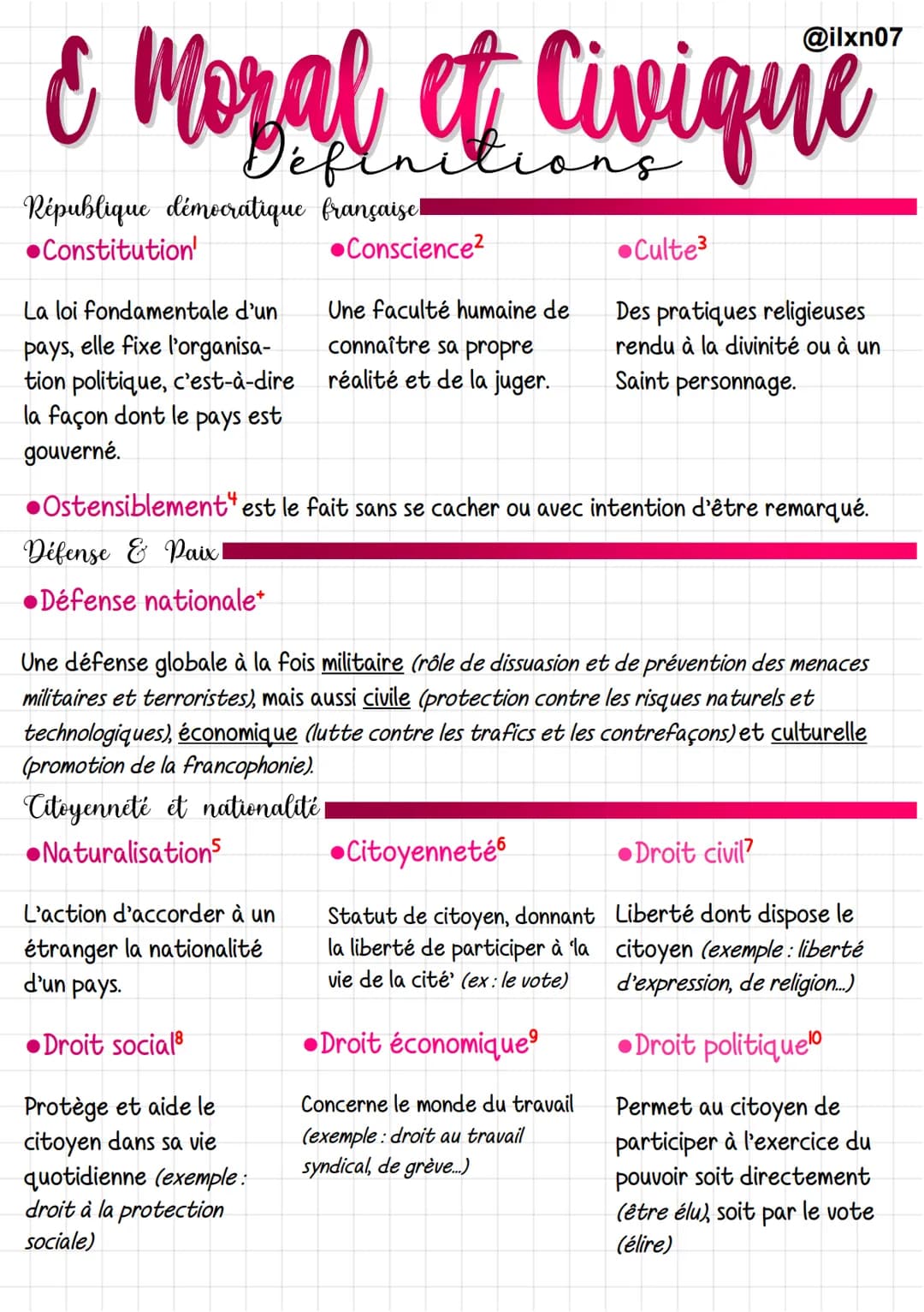 # & Moral et Civique

## Définitions

République démocratique françaisel

*   Constitution'

*   Conscience²

*   Culte3

La loi fondamental