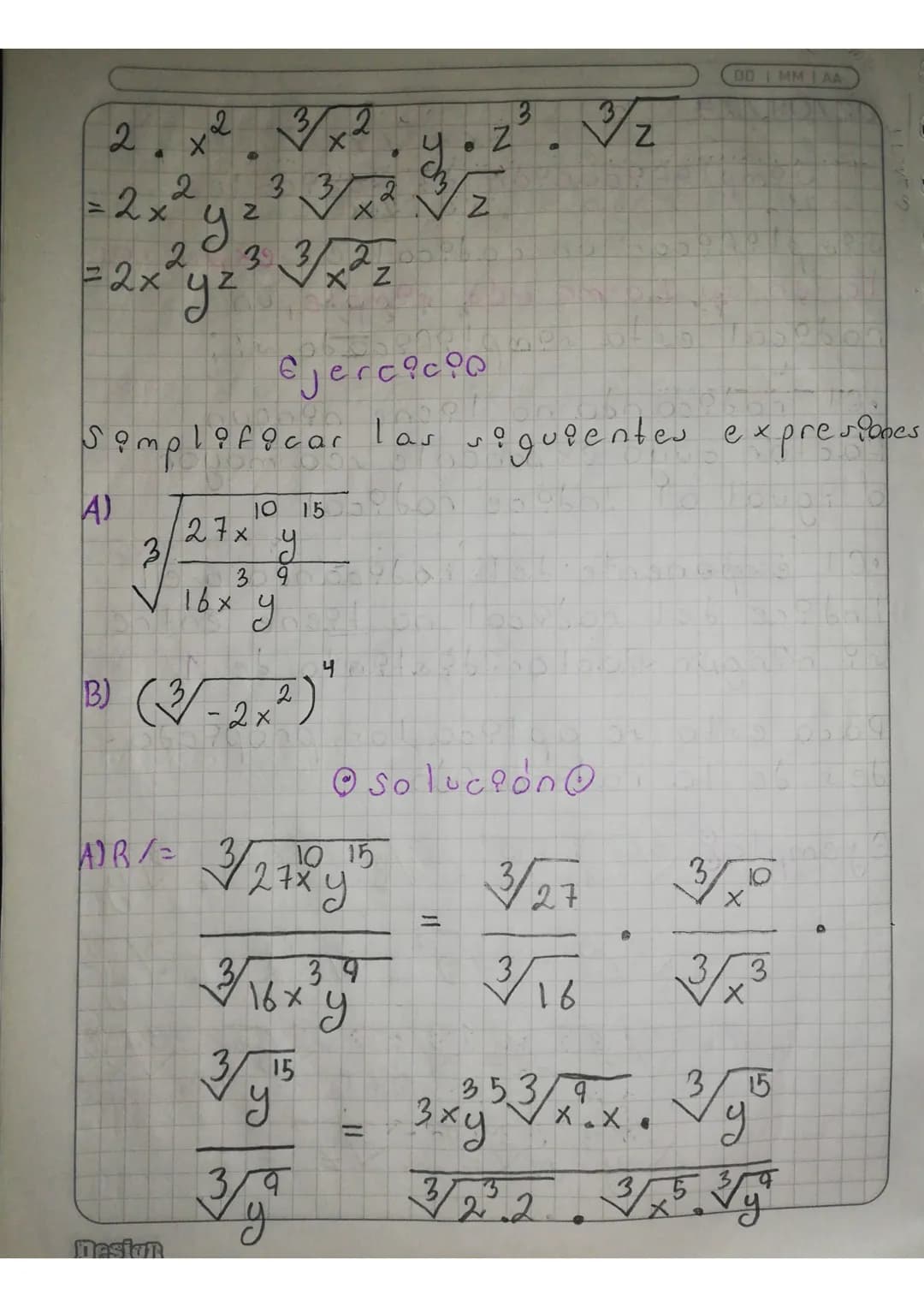 DD IMMIAA
S
02/04/24
Simplificación de Rodicales
Simplificar un radical es expresar-
→lo en su forma más simple, un
radical esta samplepicad