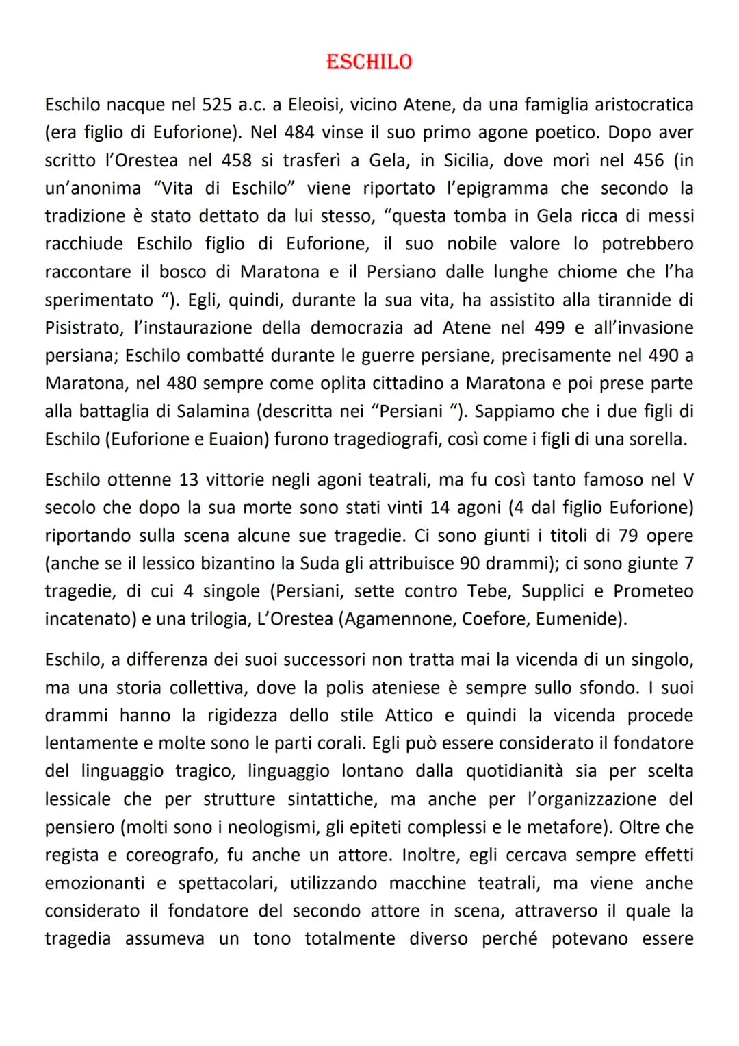 # ESCHILO

Eschilo nacque nel 525 a.c. a Eleoisi, vicino Atene, da una famiglia aristocratica
(era figlio di Euforione). Nel 484 vinse il su