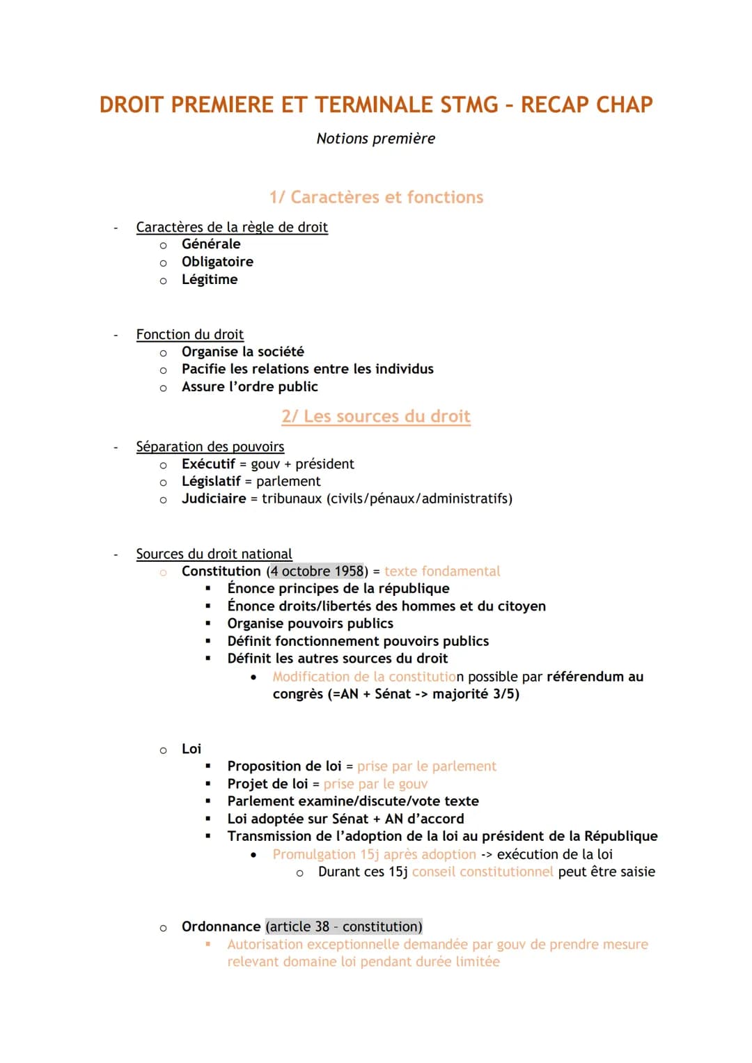 # DROIT PREMIERE ET TERMINALE STMG - RECAP CHAP

Notions première

1/ Caractères et fonctions

- Caractères de la règle de droit
    - Génér