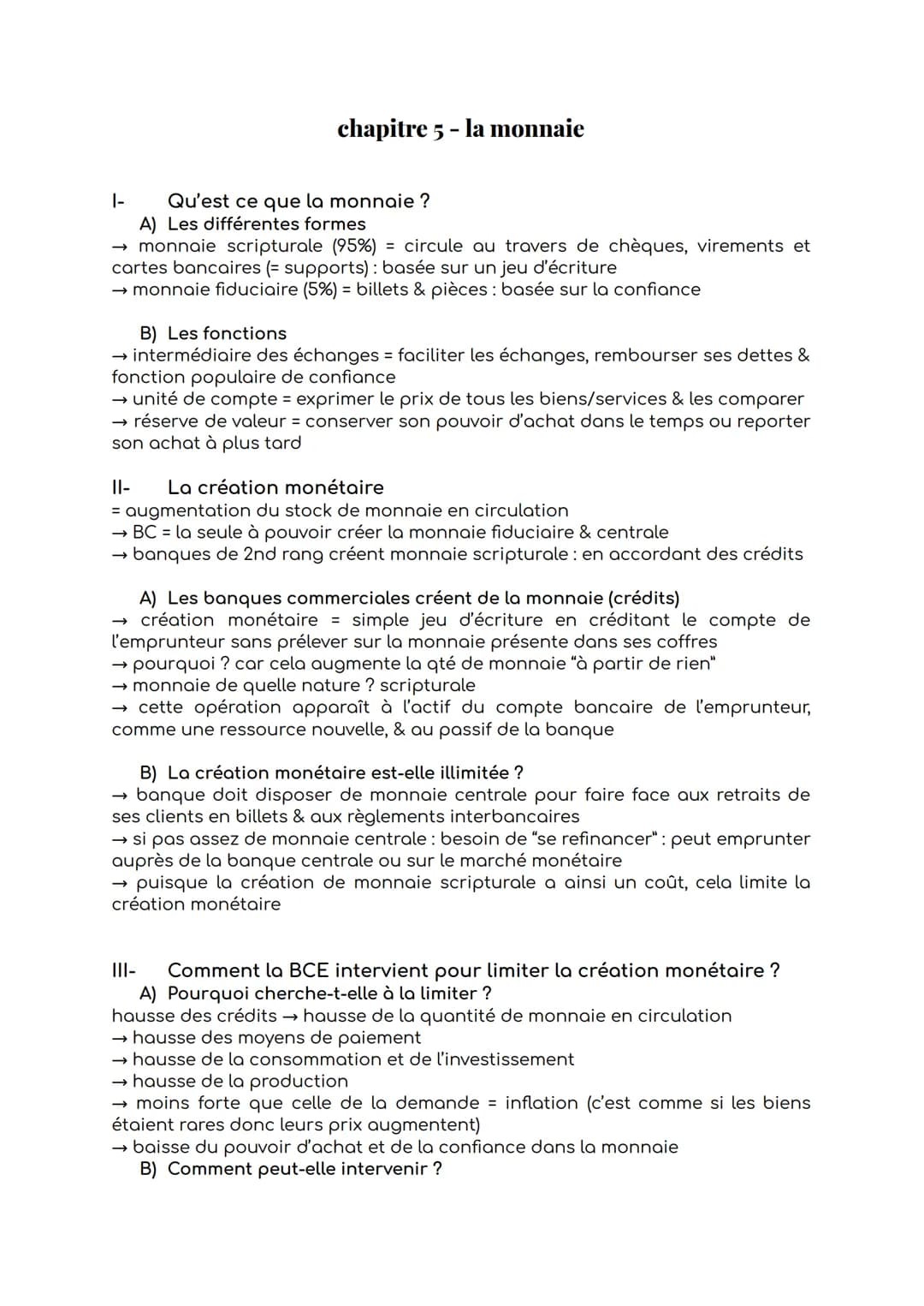 # chapitre 5 - la monnaie

|-
Qu'est ce que la monnaie?
A) Les différentes formes
→ monnaie scripturale (95%) = circule au travers de chèque
