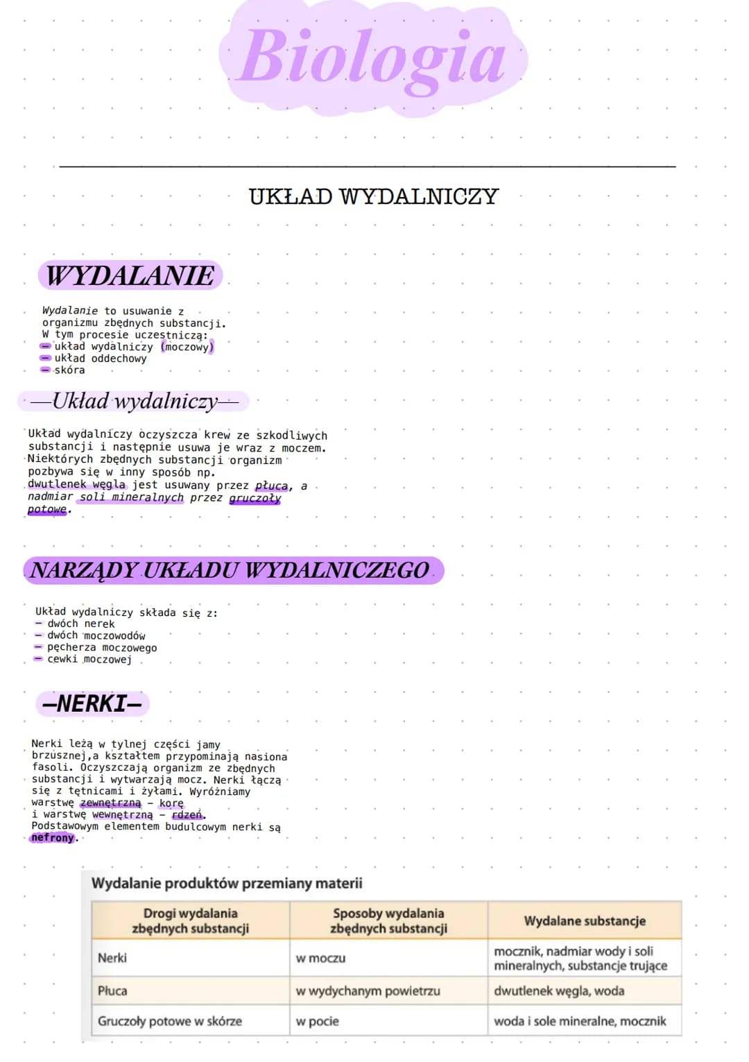 # Biologia

UKŁAD WYDALNICZY

WYDALANIE

Wydalanie to usuwanie z
organizmu zbędnych substancji.
W tym procesie uczestniczą:
- układ wydalnic