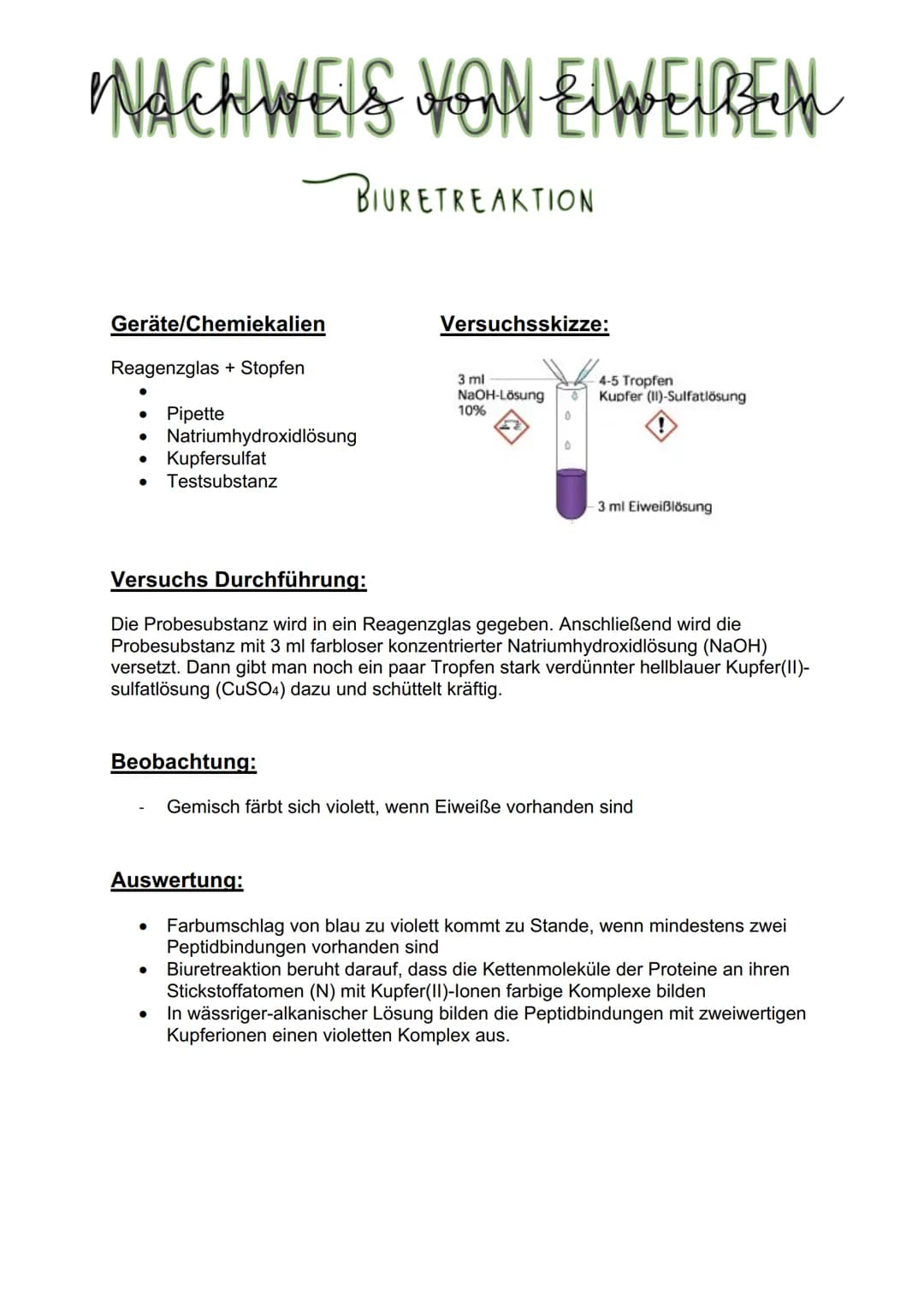 # Nachweis von Eλασειβύη

Eiweißen

BIURETREAKTION

## Geräte/Chemiekalien

Reagenzglas + Stopfen

- Pipette
- Natriumhydroxidlösung
- Kupfe