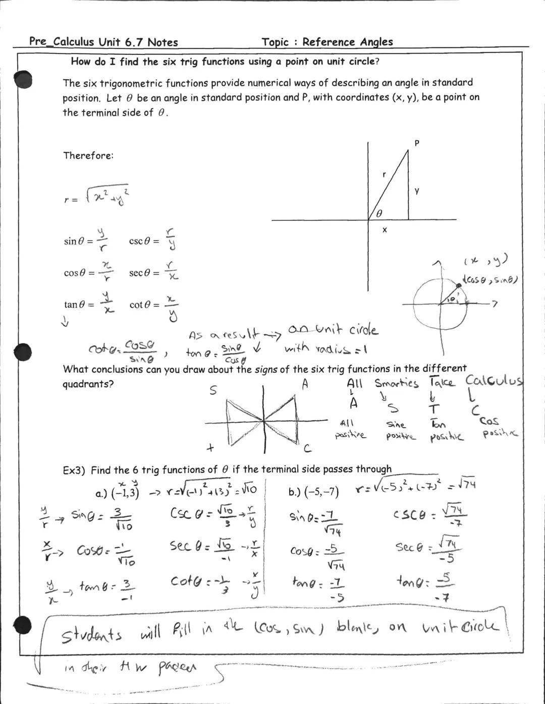 Pre_Calculus Unit 6.7 Notes
Topic: Reference Angles

Essential Question: How do I find a reference angle of an angle in any quadrant?

| Key