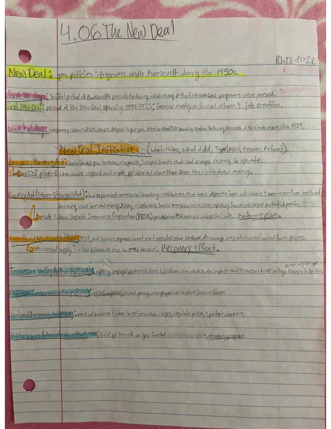 # 4.06 The New Deal

10-18-2022

New Deal you. policies, programs under Roosevelt during the 1930s.

first 100 days: initial period of Roose