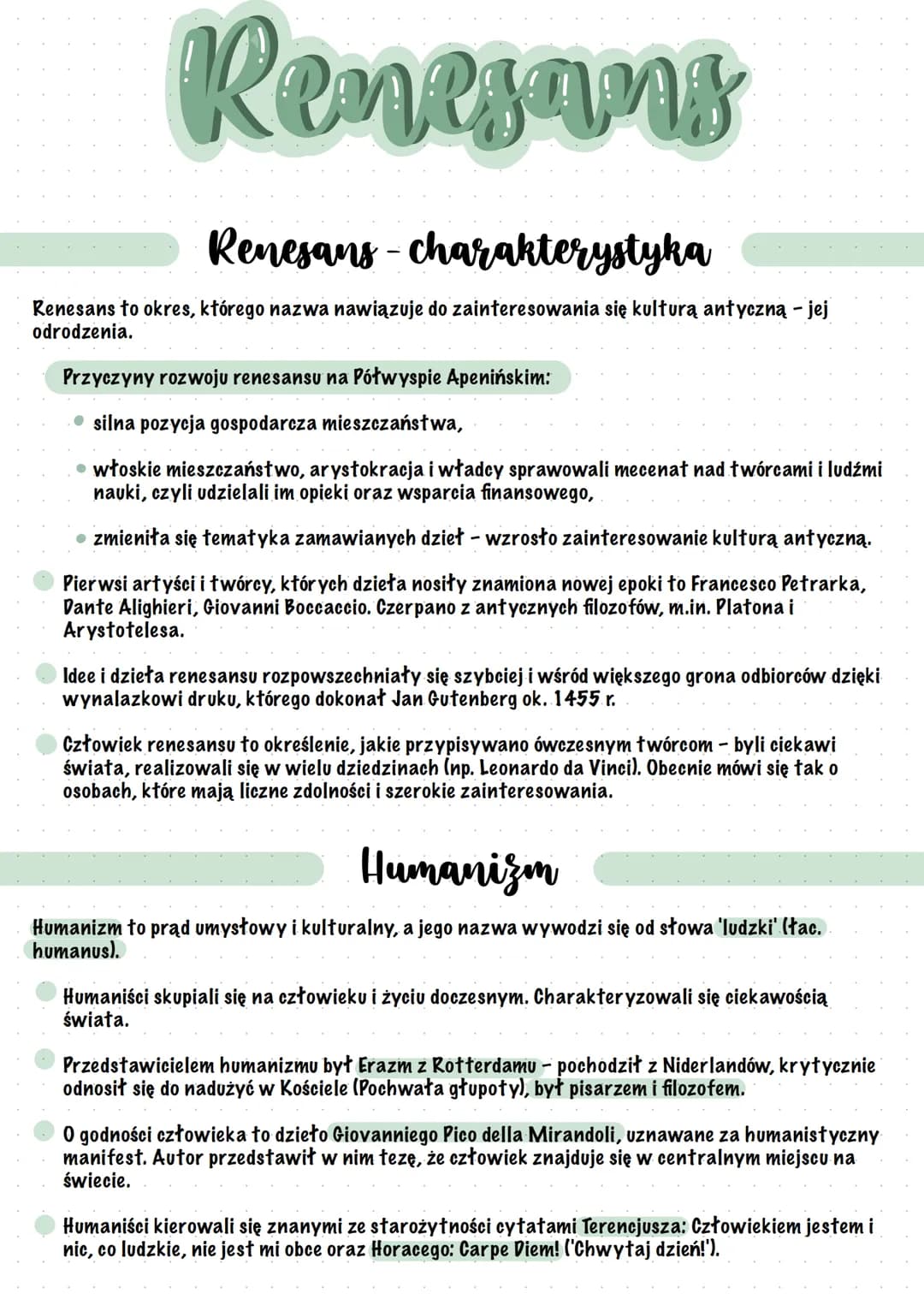 # Renesans

## Renesans - charakterystyka

Renesans to okres, którego nazwa nawiązuje do zainteresowania się kulturą antyczną - jej
odrodzen