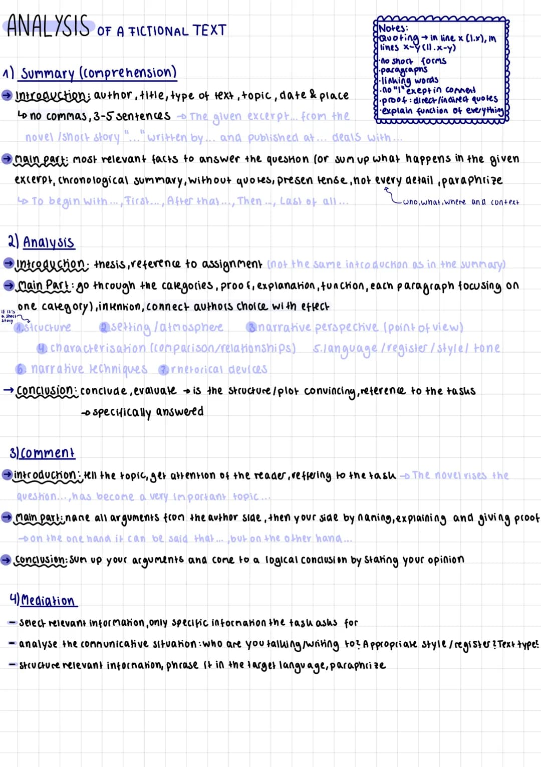 # ANALYSIS OF A FICTIONAL TEXT

1) Summary (comprehension)

Notes:
JQuoting in line x (1.x), m
lines x-y (11.x-y)
no short forms
paragrapns
