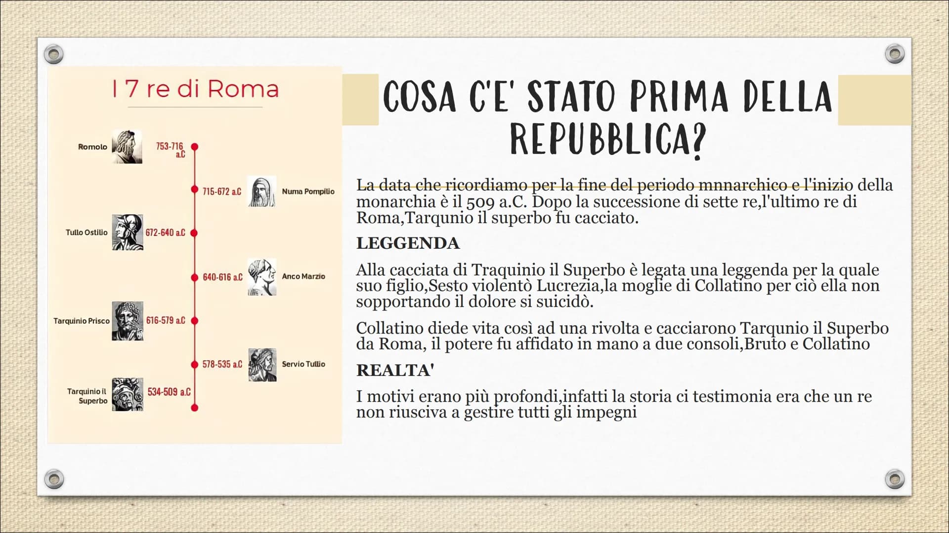 # Dalla monarchia
## alla repubblica

Tappe fondamentali

Personaggi

Leggi # 17 re di Roma

Romolo
753-716
a.C

COSA C'E' STATO PRIMA DELLA