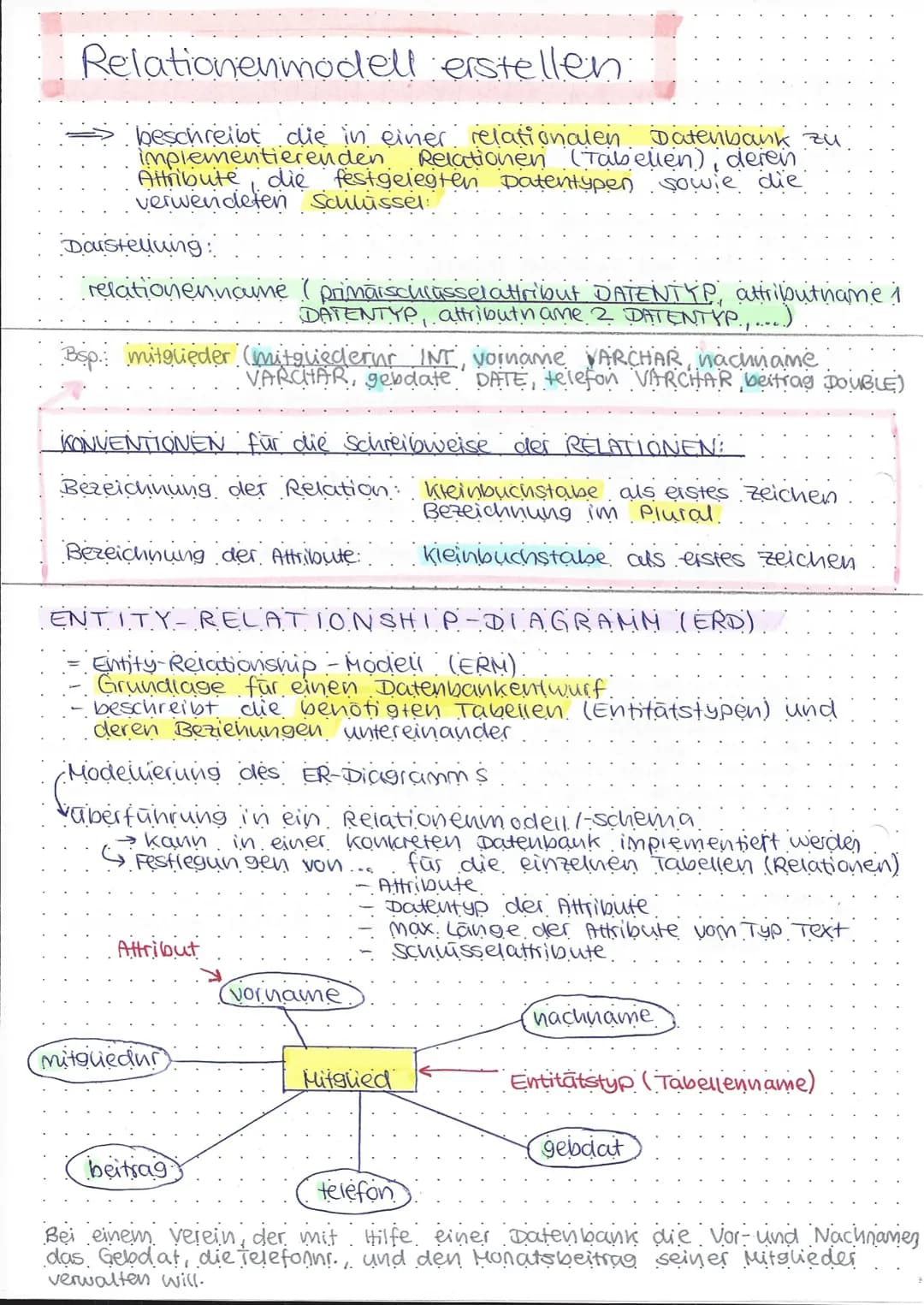 # Relationenmodell erstellen

→ beschreibt die in einer relationalen Datenbank zu
implementierenden Relationen (Tabellen), deren
Attribute, 