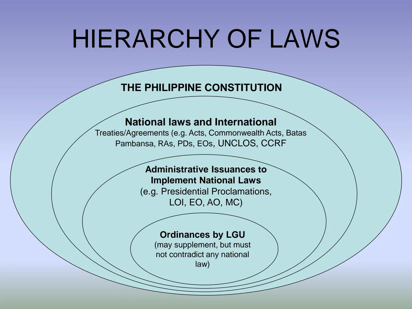 # FISHERY LAWS # HIERARCHY OF LAWS

THE PHILIPPINE CONSTITUTION

National laws and International
Treaties/Agreements (e.g. Acts, Commonwealt