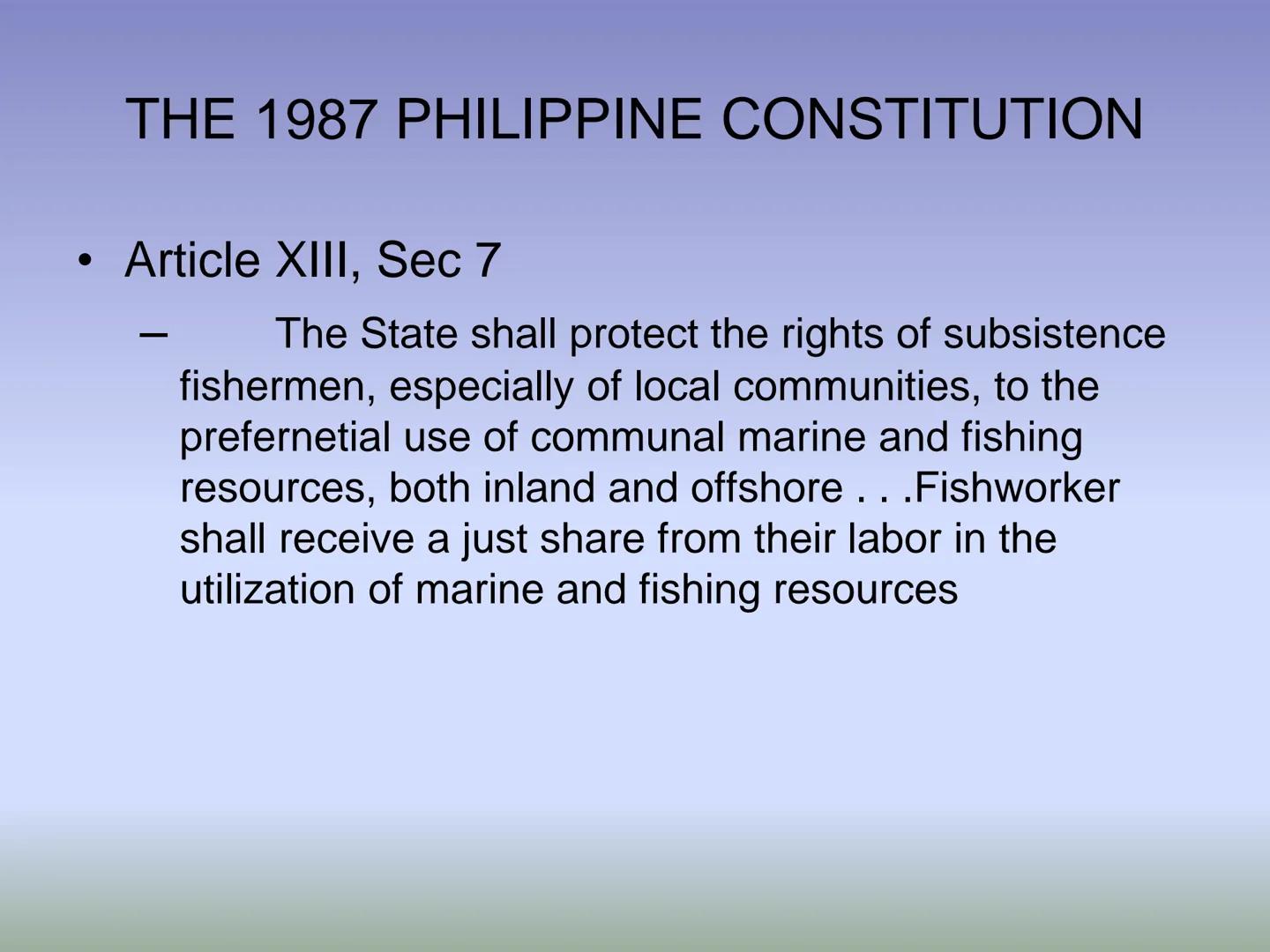 # FISHERY LAWS # HIERARCHY OF LAWS

THE PHILIPPINE CONSTITUTION

National laws and International
Treaties/Agreements (e.g. Acts, Commonwealt
