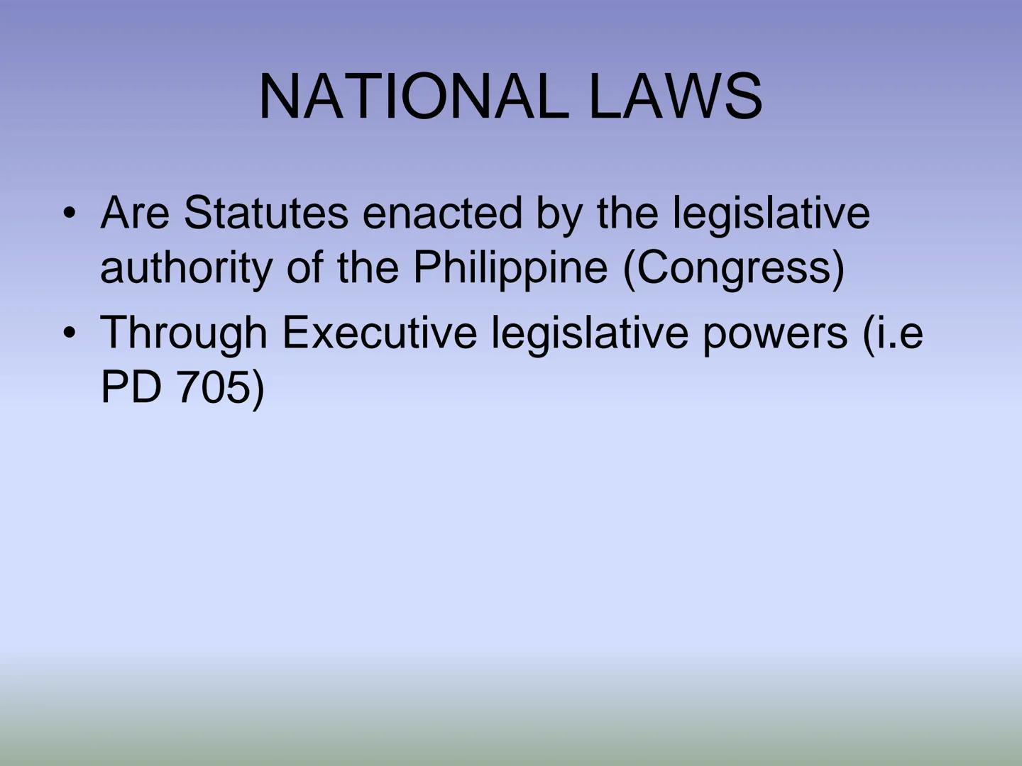 # FISHERY LAWS # HIERARCHY OF LAWS

THE PHILIPPINE CONSTITUTION

National laws and International
Treaties/Agreements (e.g. Acts, Commonwealt