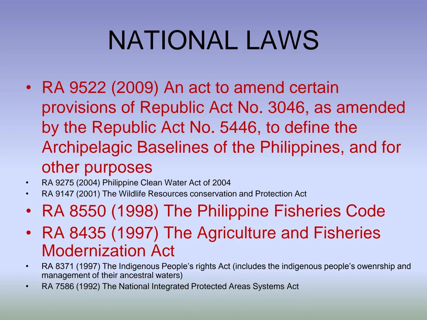 # FISHERY LAWS # HIERARCHY OF LAWS

THE PHILIPPINE CONSTITUTION

National laws and International
Treaties/Agreements (e.g. Acts, Commonwealt