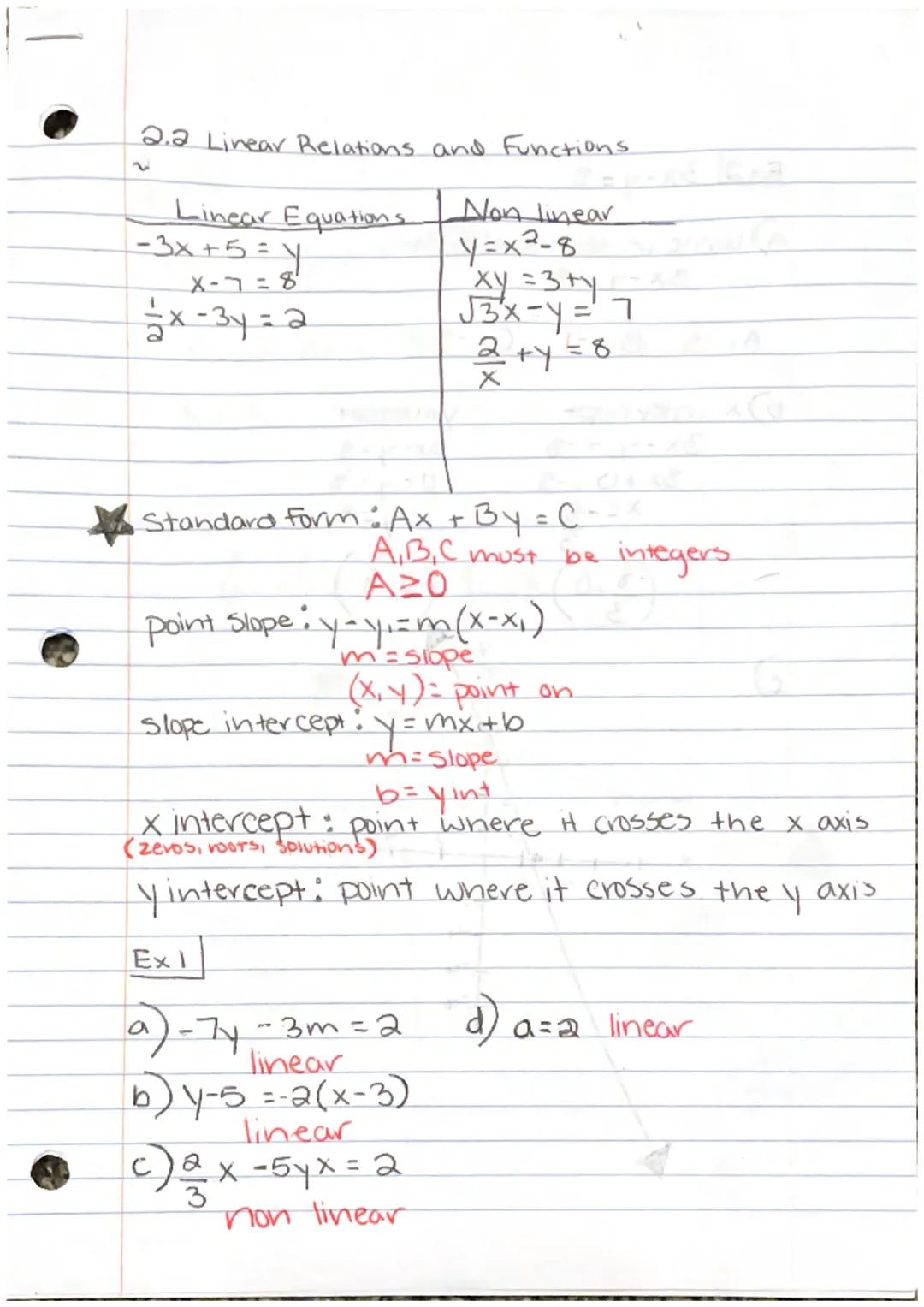 2.2 Linear Relations and Functions.

| Linear Equations | Non linear |
| ----------- | ----------- |
| -3x+5=y | y=x2-8 |
| X-7=8 | xy=3ty |