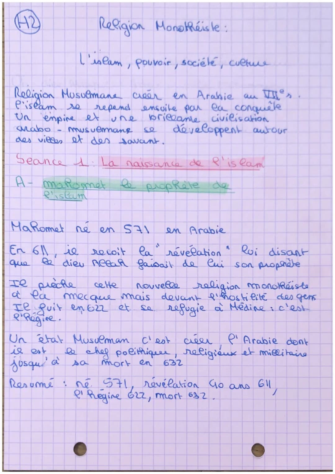 (H2
Religion Monothéis le :

L'islam, pouvoir, société, culture

Religion Musuemane créer en Arabie aus
P'islam se repend ensuite par la con