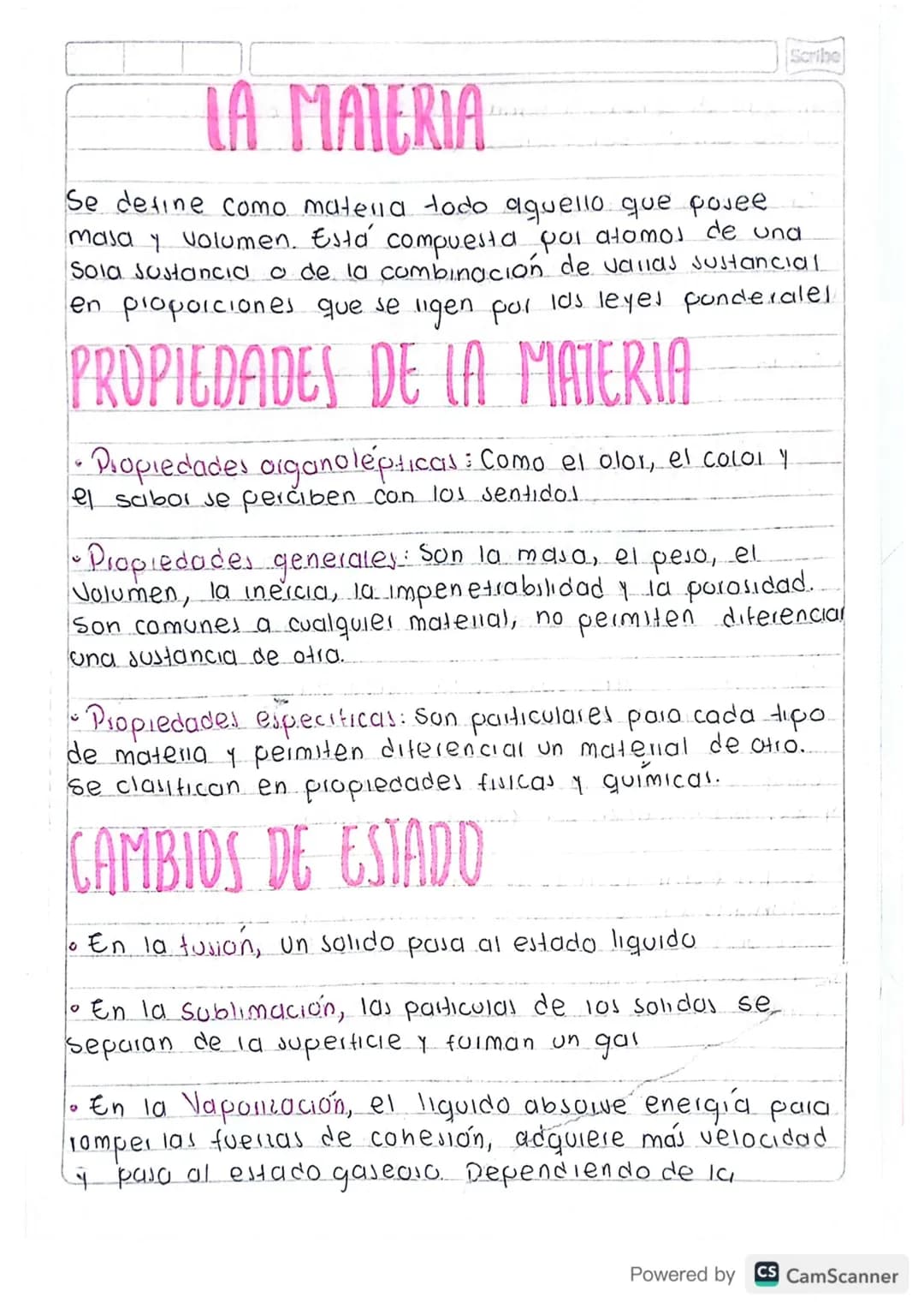 Scribe
# LA MATERIA

Se define como matella todo aquello que posee
masa y volumen. Está compuesta poi atomos de una
sola sustancia a de la c