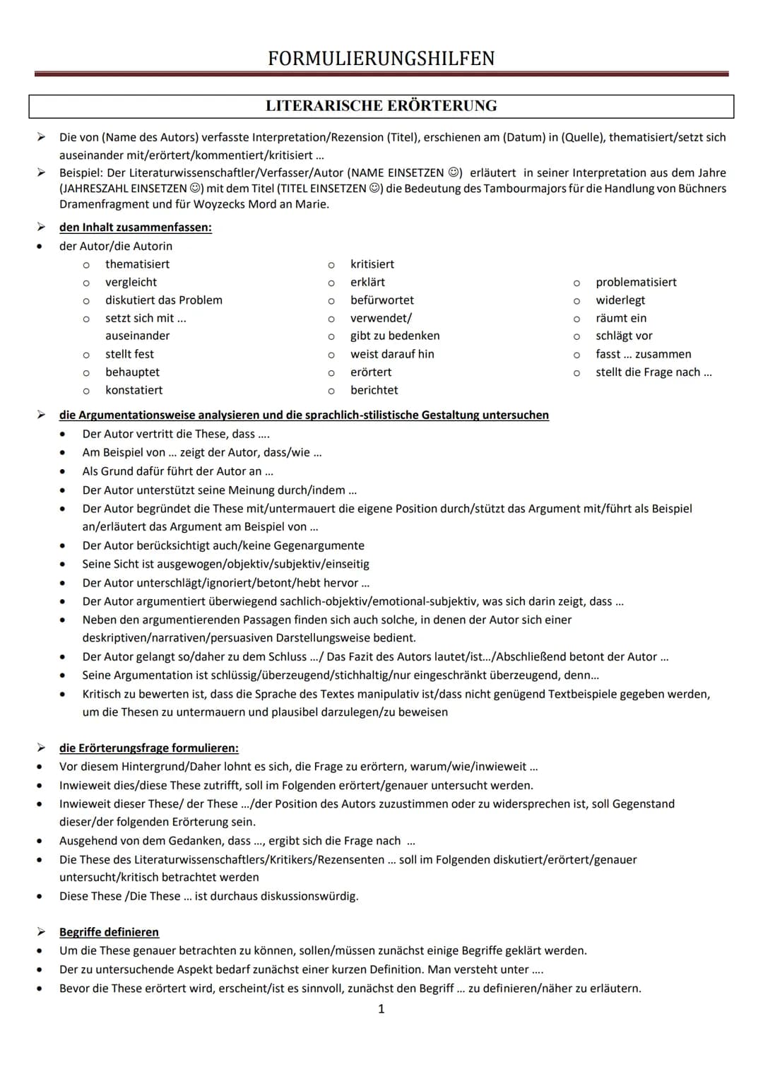 Literarische Erörterung eines Werkes (Aufgabe I)

✓ Voraussetzungen
*   genaue Kenntnis des Werkes (Aufbau, Inhalt, Figuren, Motive, etc.)
*