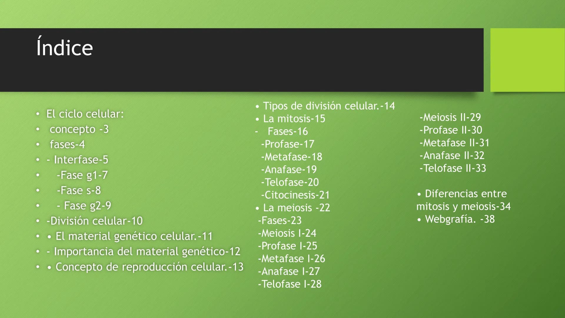 # La división celular:
## mitosis y meiosis

Alba Ruiz Martín # Índice

*   El ciclo celular:
*   concepto -3
*   fases-4
*   - Interfase-5
