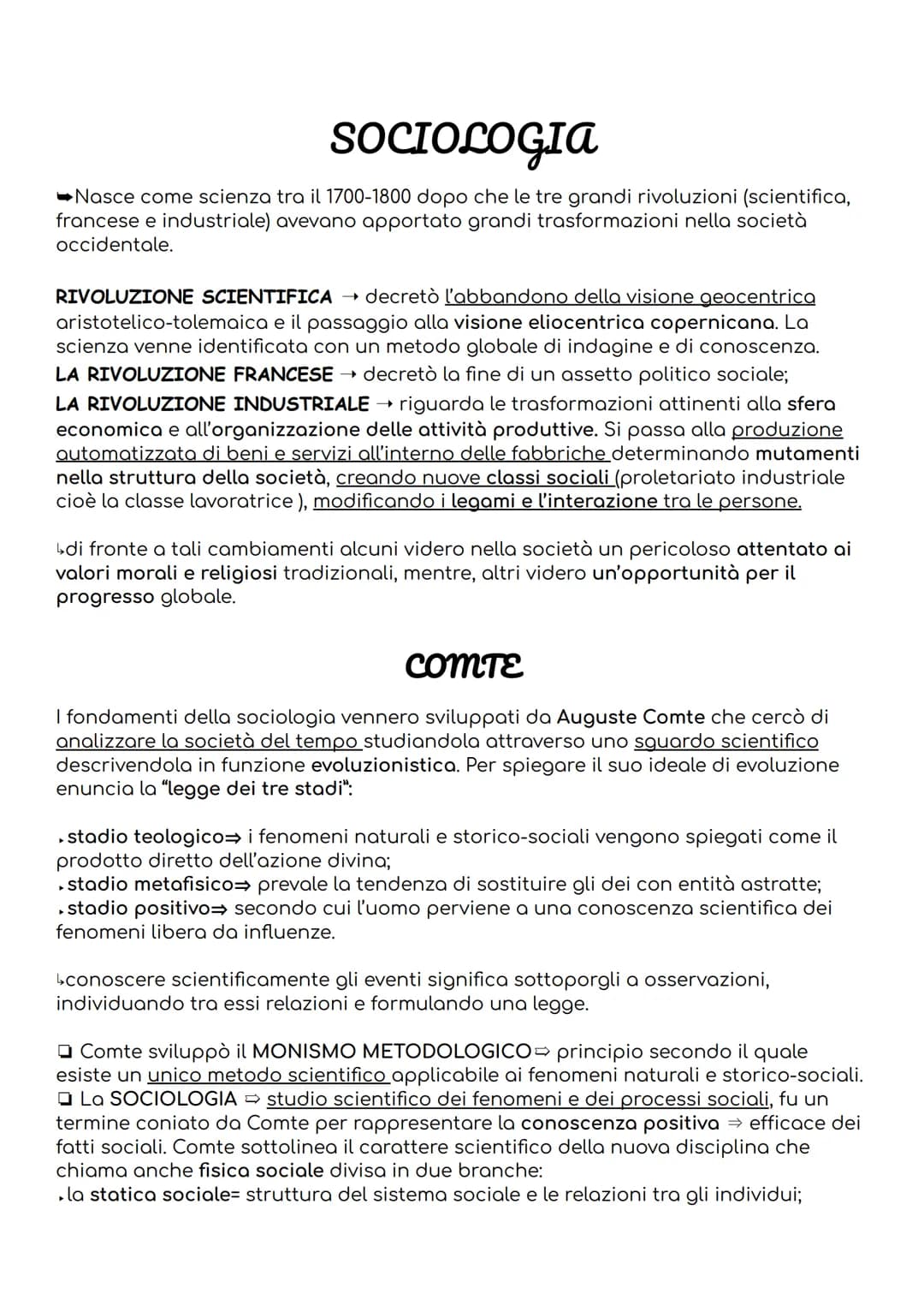 # SOCIOLOGIA

➡Nasce come scienza tra il 1700-1800 dopo che le tre grandi rivoluzioni (scientifica,
francese e industriale) avevano apportat