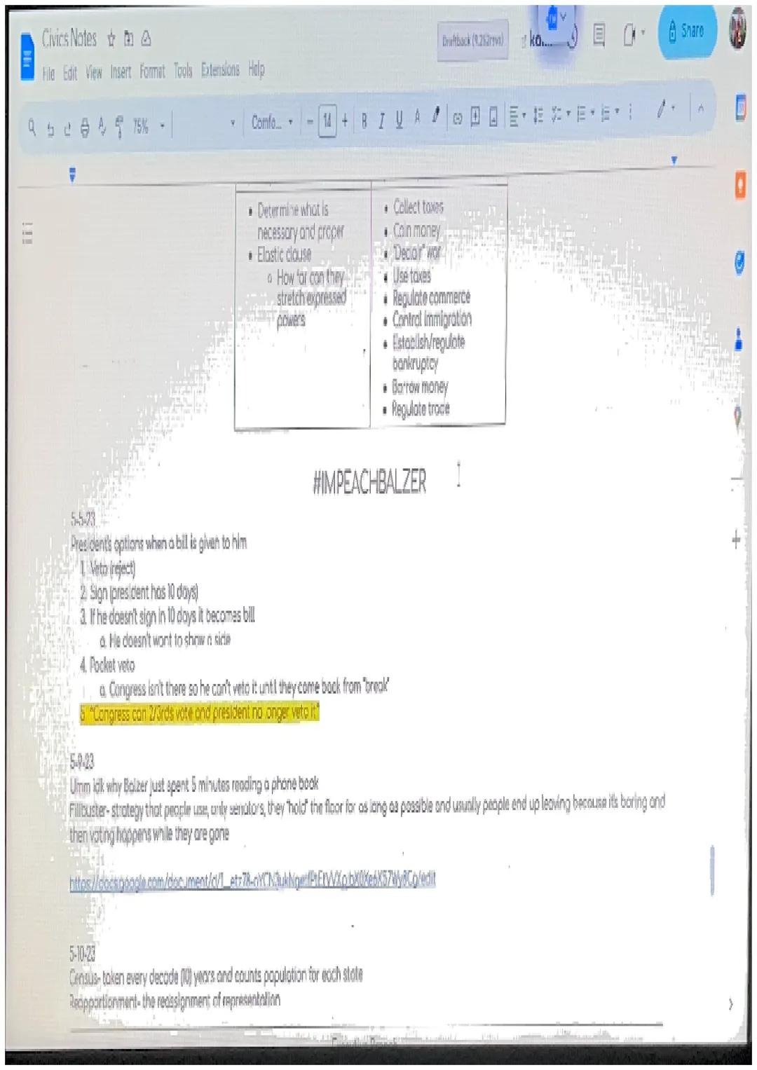 Civics Notes
File Edit View Insert Format Tools Extensions Help
95475%.
Comfo-14+ BILA
Legislative Branch
Now effective is the Legislative b