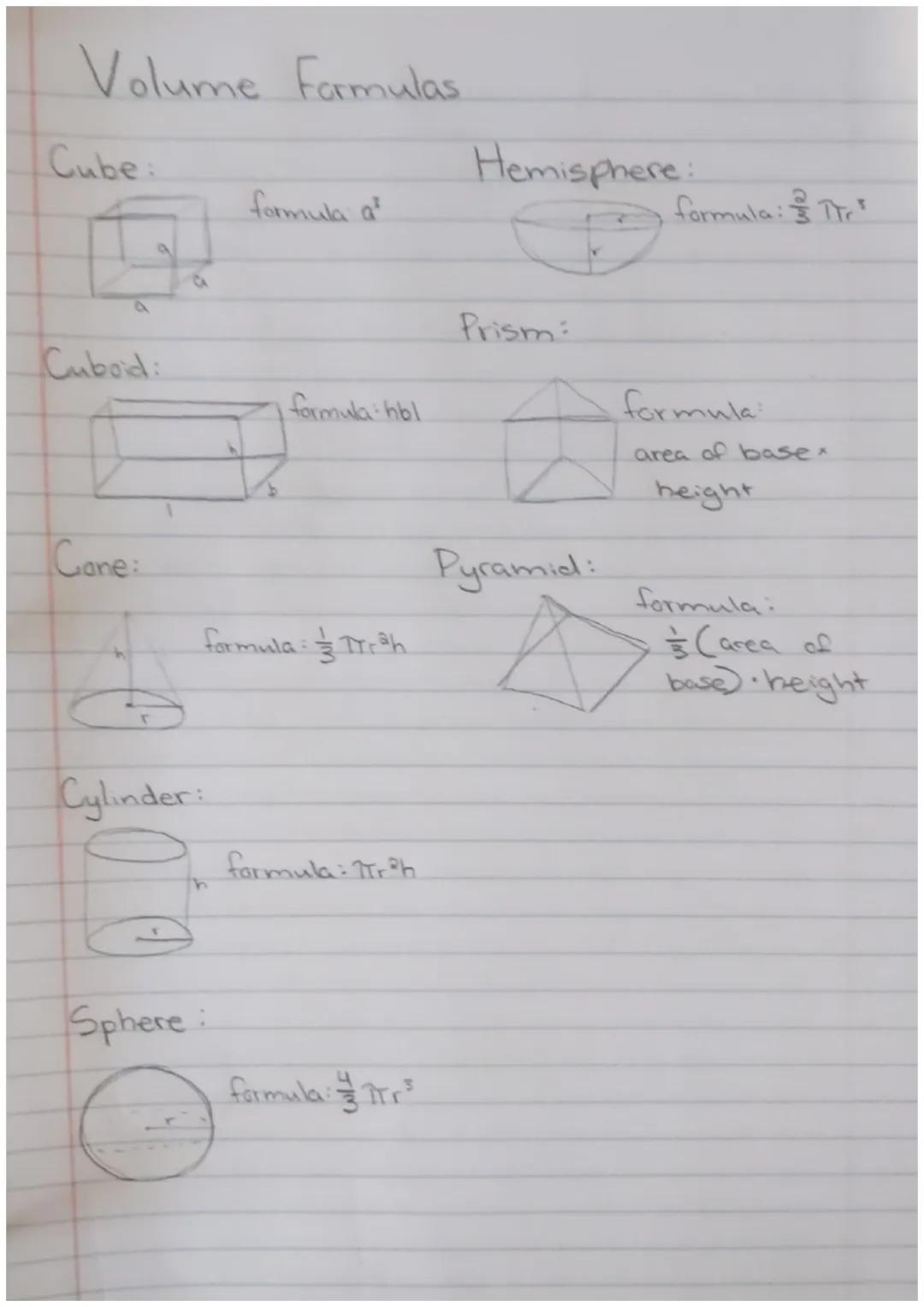 # Volume Formulas

Cube:

A

Cuboid:

Cone:

h

Cylinder:

Hemisphere:

formula $a$

formula: Tr

formulahbl

Prism:

Pyramid:

formula: $Tr