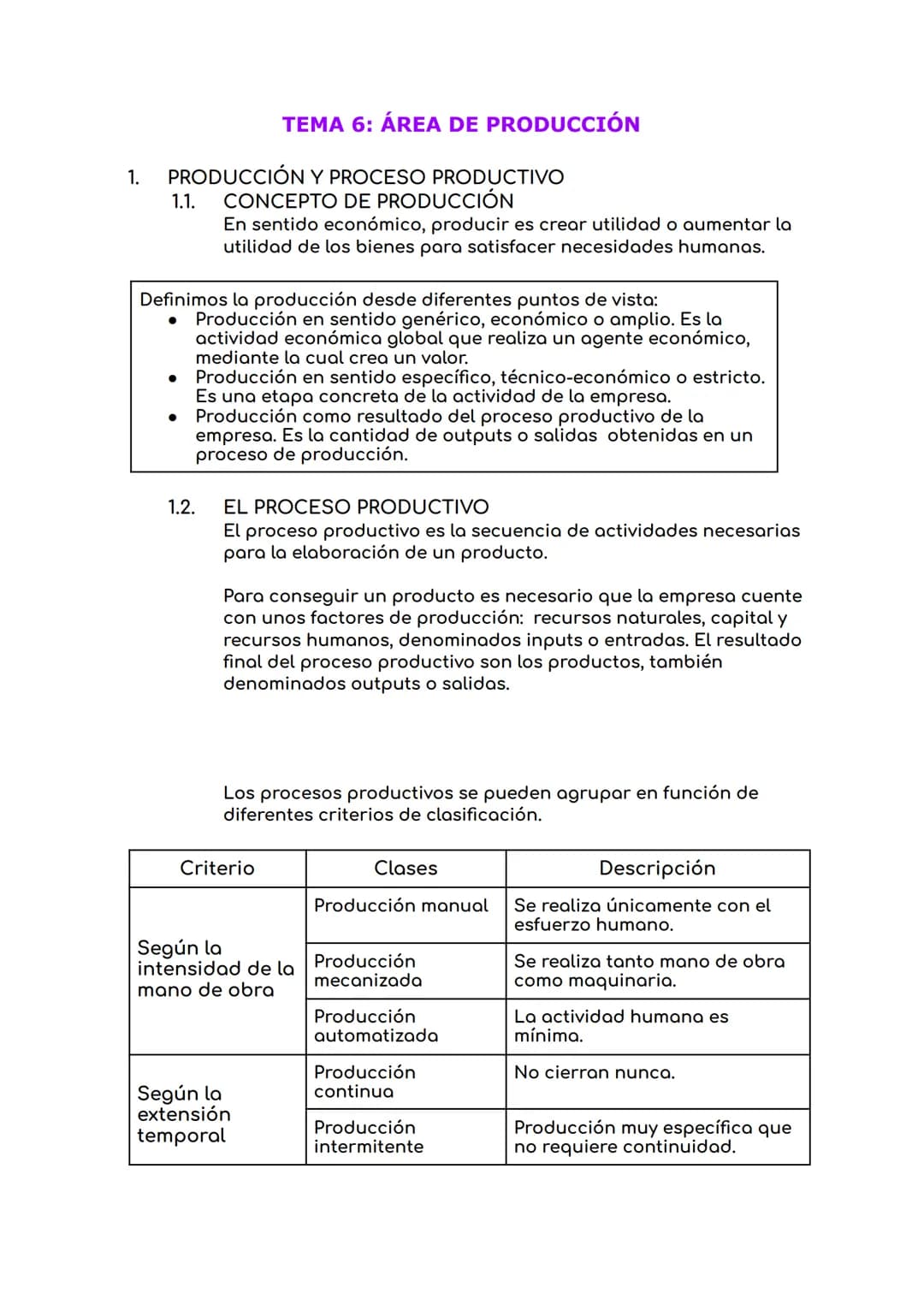 # TEMA 6: ÁREA DE PRODUCCIÓN

1. PRODUCCIÓN Y PROCESO PRODUCTIVO
1.1. CONCEPTO DE PRODUCCIÓN

   En sentido económico, producir es crear uti