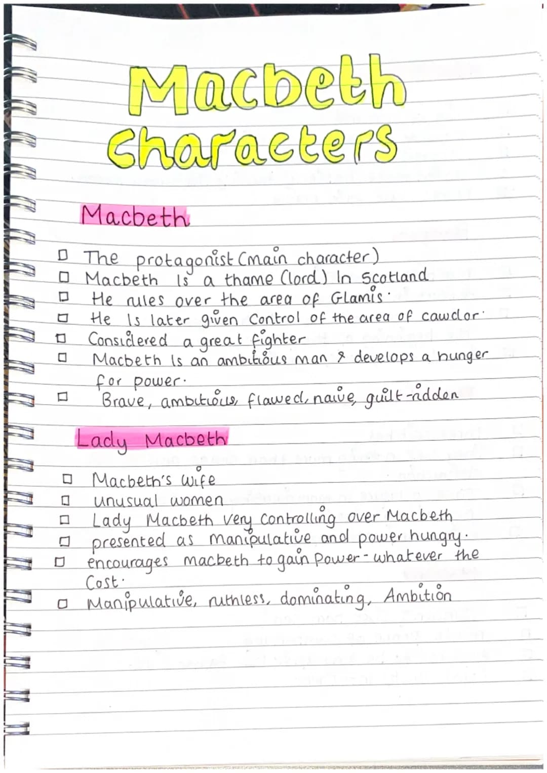 
<h2>Macbeth</h2>
<p>Macbeth is the protagonist of the play. He is a Thane (lord) in Scotland, ruling over the area of Glamis and later gain