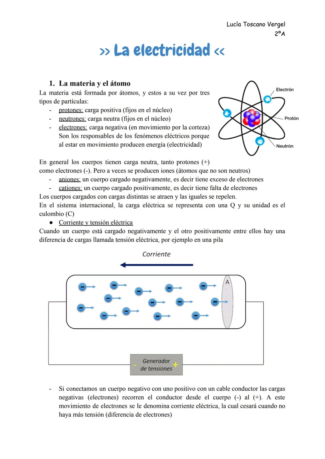 Lucía Toscano Vergel
2°A

>>> La electricidad <<<

1. La materia y el átomo

La materia está formada por átomos, y estos a su vez por tres
t